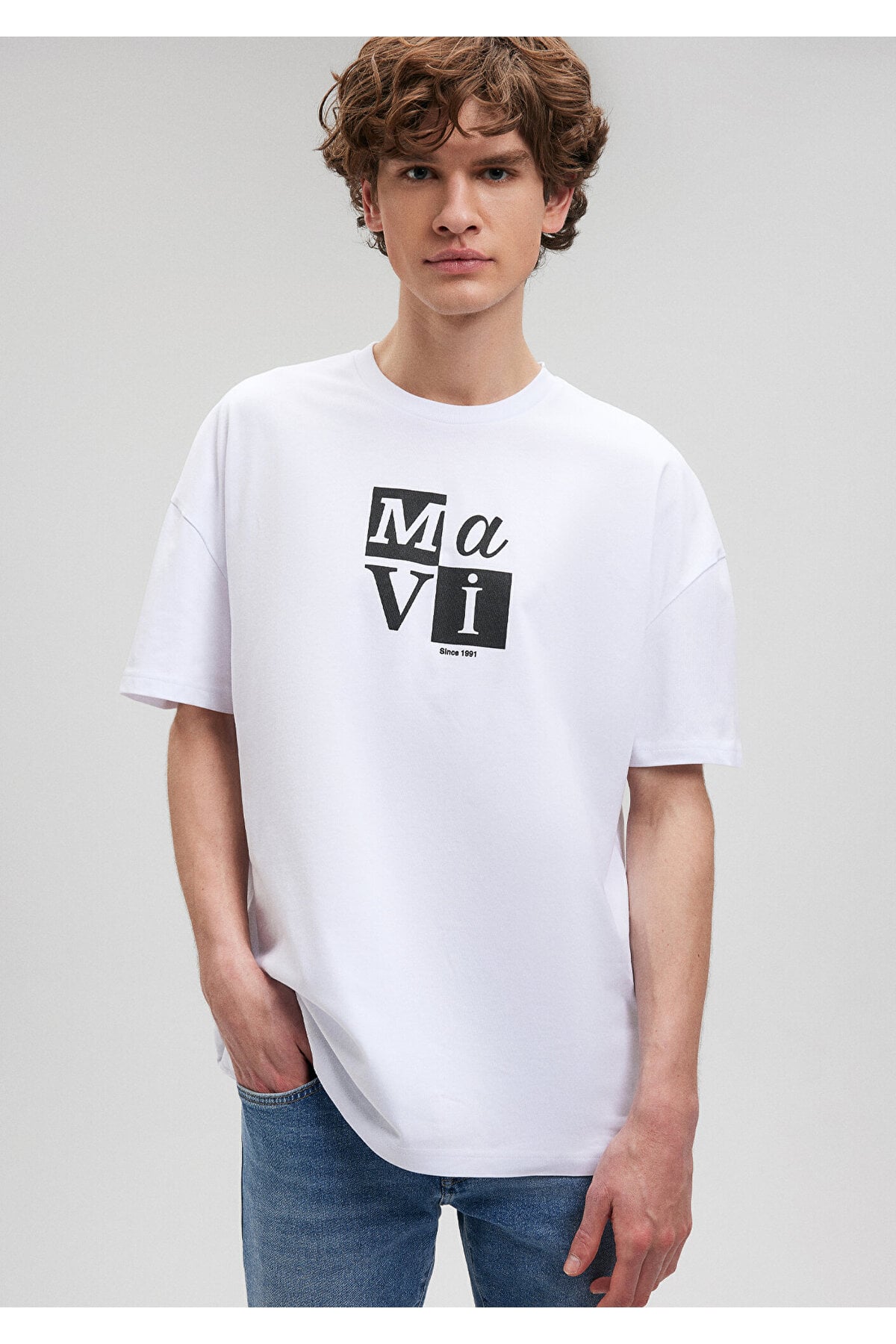 Logo Baskılı Beyaz Tişört Oversize / Geniş Kesim 0612005-620