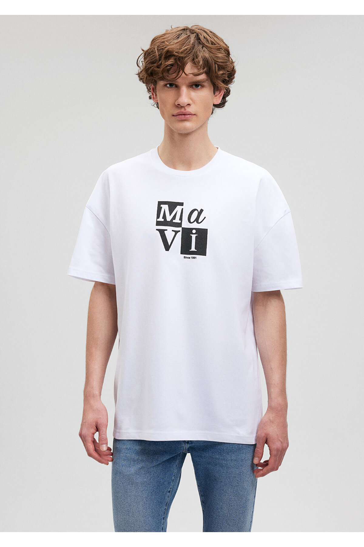 Logo Baskılı Beyaz Tişört Oversize / Geniş Kesim 0612005-620