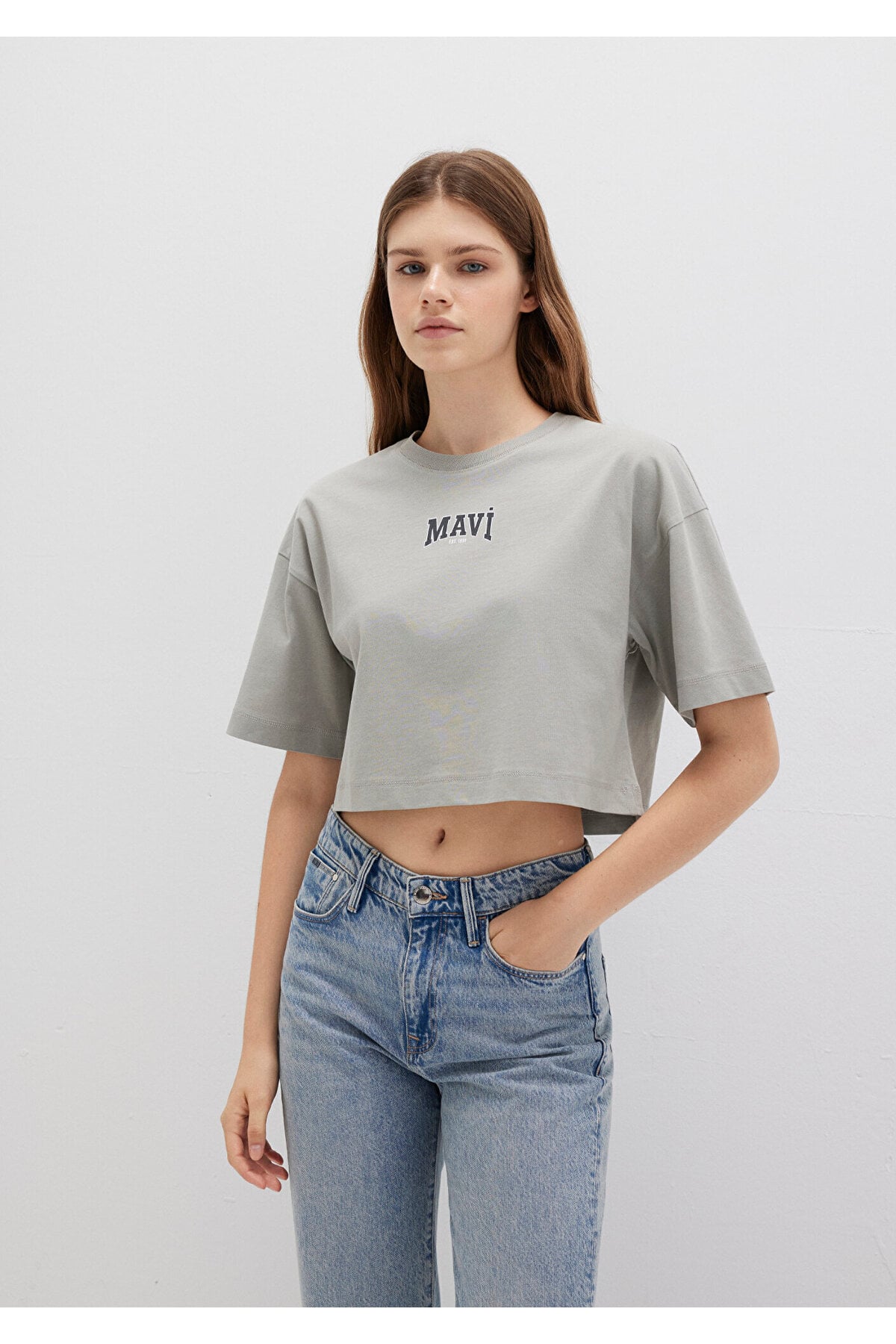 Logo Baskılı Gri Crop Tişört Crop / Kısa Kesim 1613411-70112