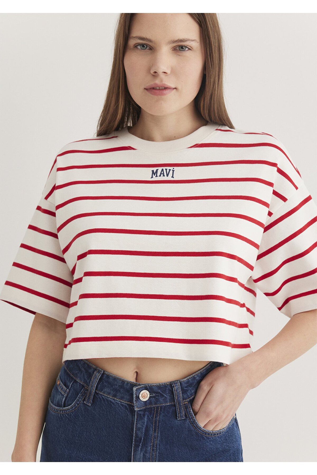 Logo Baskılı Kırmızı Çizgili Crop Tişört Crop / Kısa Kesim 1612227-86680