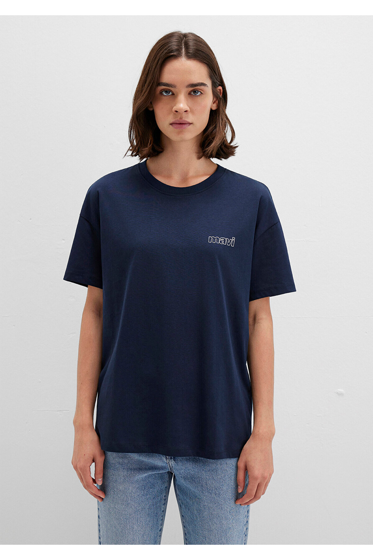 Logo Baskılı Lacivert Tişört Loose Fit / Bol Rahat Kesim 1611309-70490