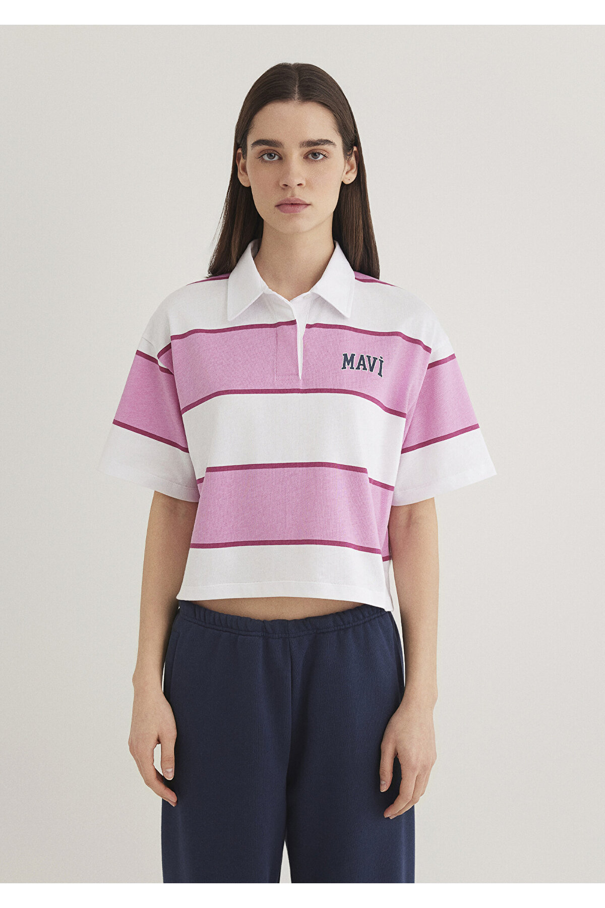 Logo Baskılı Pembe Çizgili Polo Tişört Standart 1613005-89359