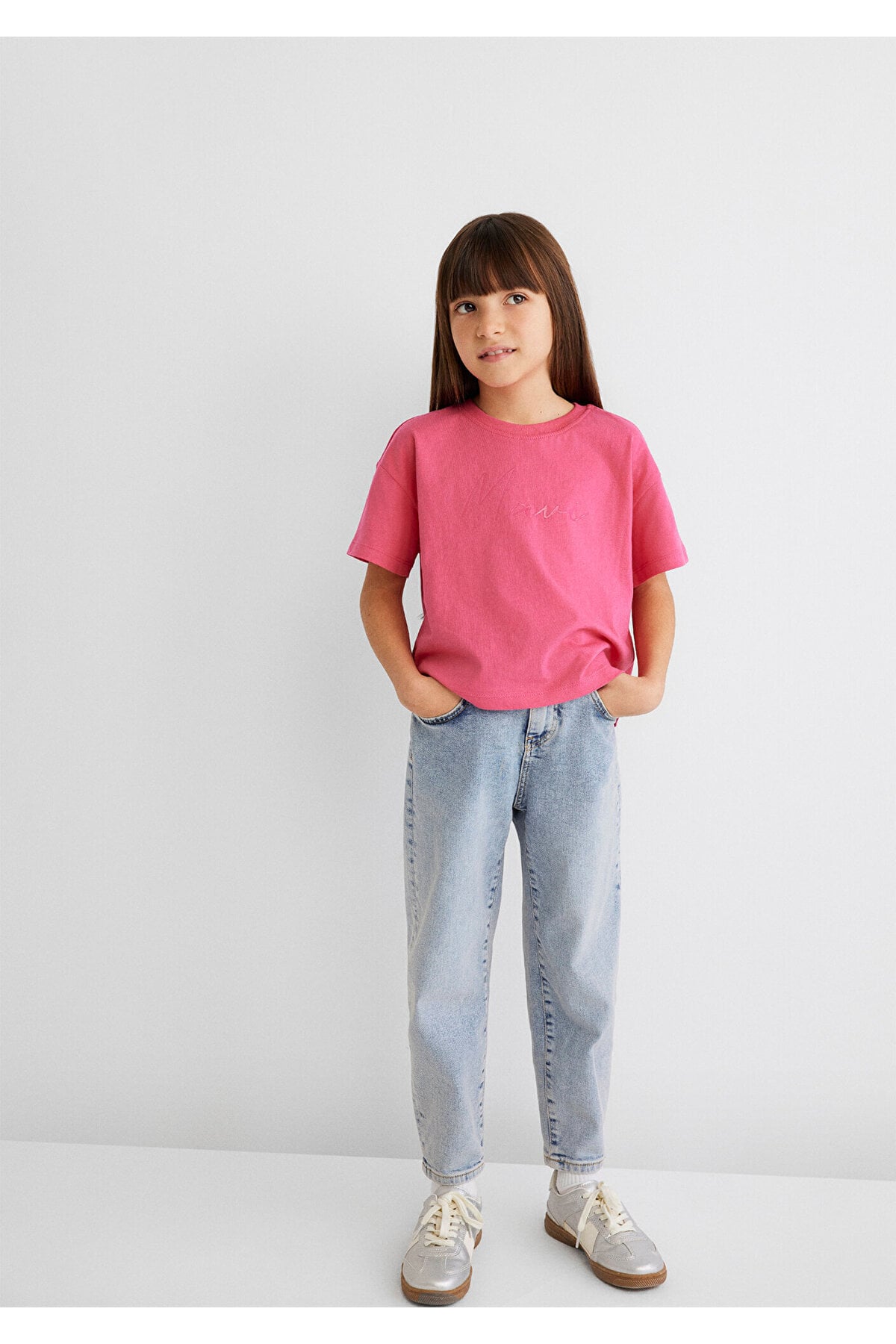Logo Baskılı Pembe Crop Tişört Loose Fit / Bol Rahat Kesim 7610181-71111