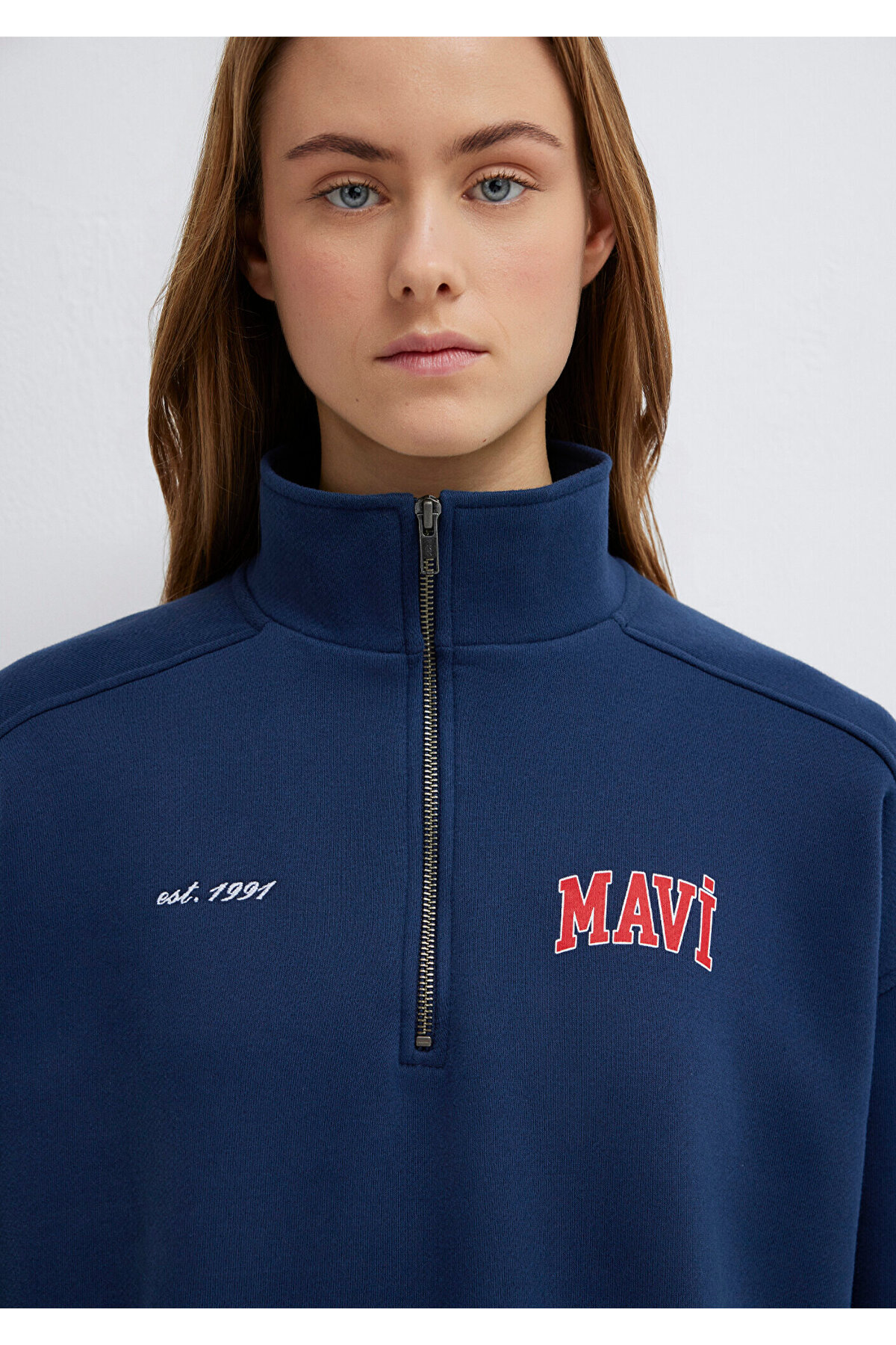 Logo Baskılı Yarı Fermuarlı Lacivert Sweatshirt 1S10373-70488