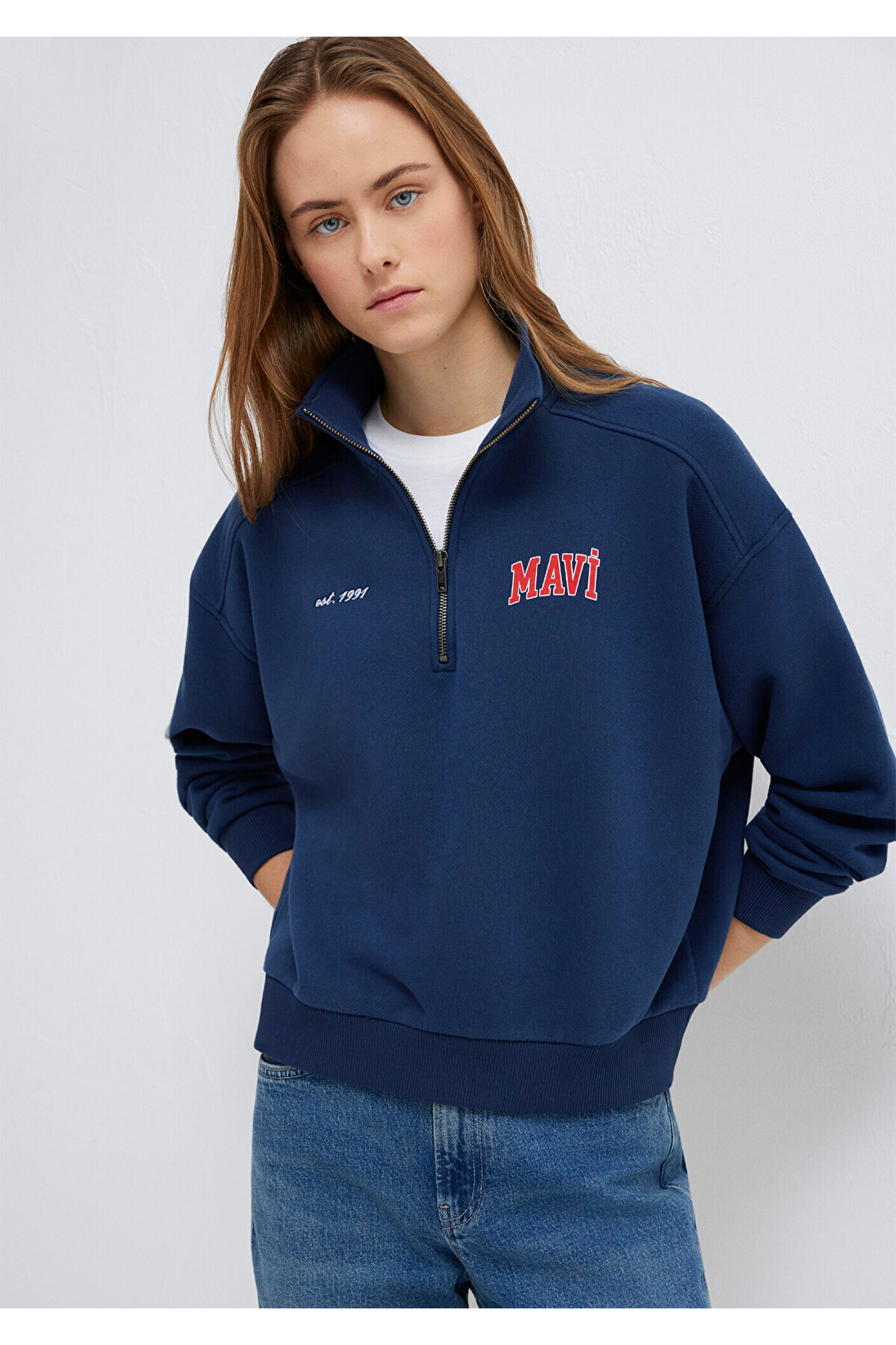 Logo Baskılı Yarı Fermuarlı Lacivert Sweatshirt 1S10373-70488