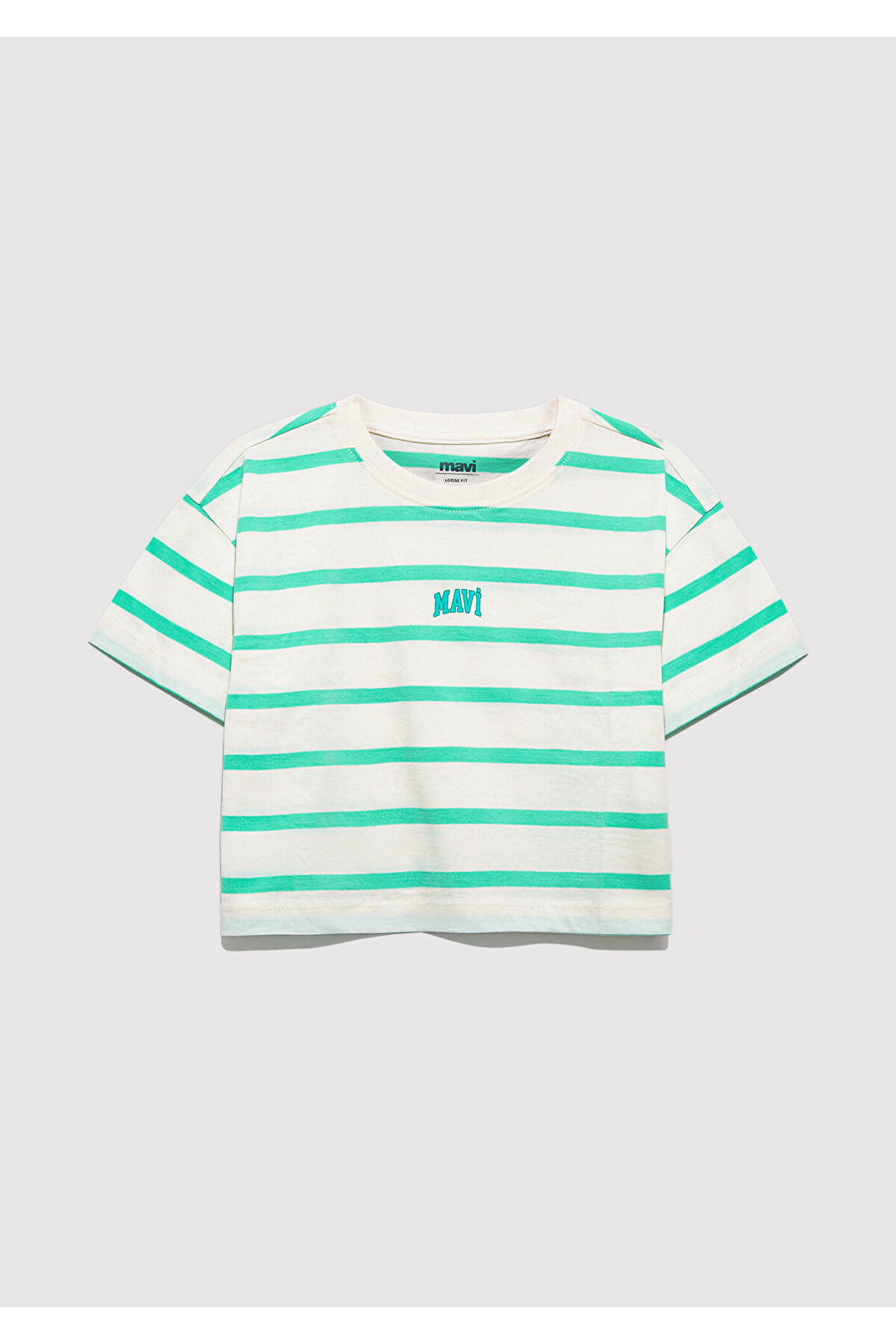 Logo Baskılı Yeşil Çizgili Crop Tişört Loose Fit / Bol Rahat Kesim 7610182-88145