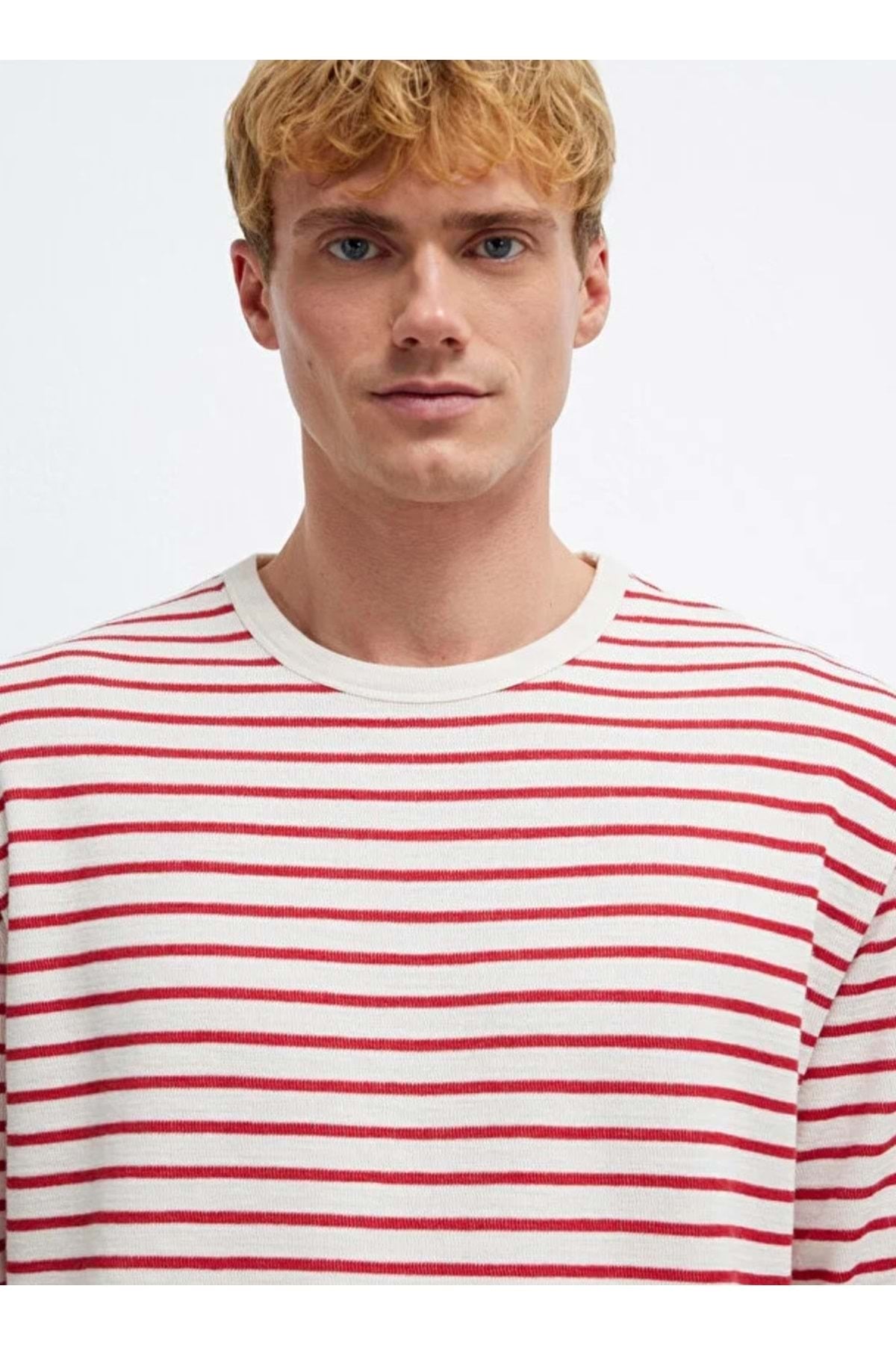 M0613157 Çizgili Uzun Kollu Tişört Erkek T-Shirt KIRMIZI