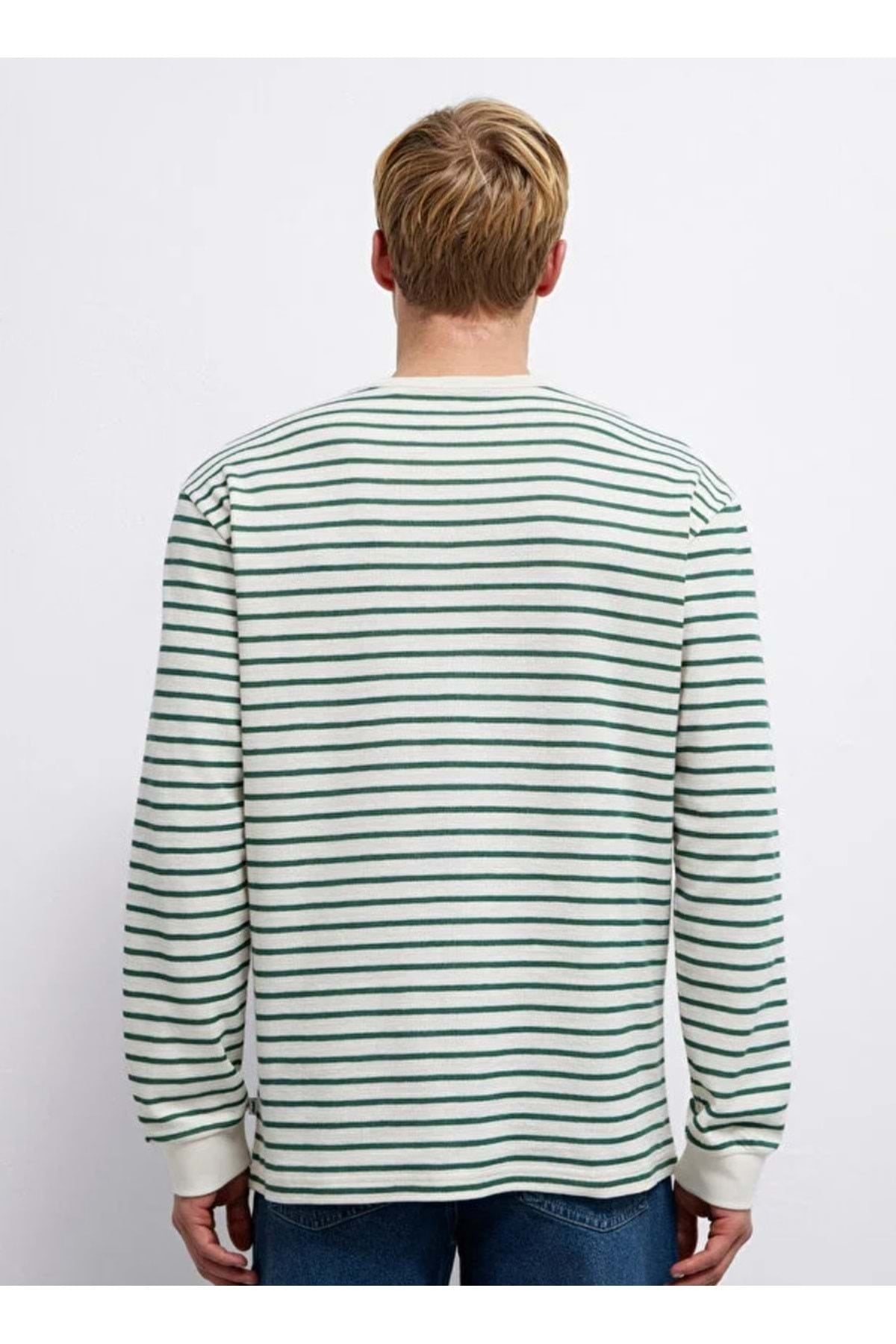 M0613157 Çizgili Uzun Kollu Tişört Erkek T-Shirt YEŞİL