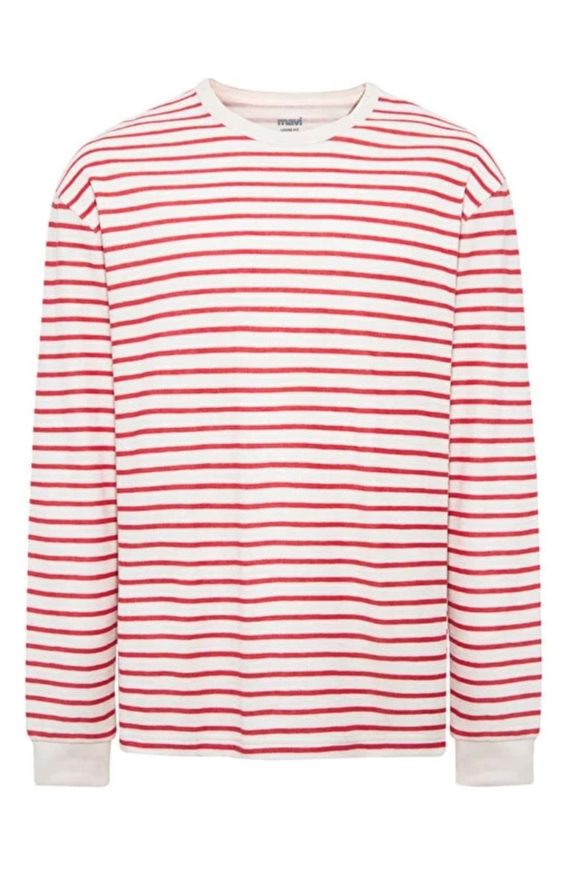 M0613157 Çizgili Uzun Kollu Tişört Erkek T-Shirt KIRMIZI