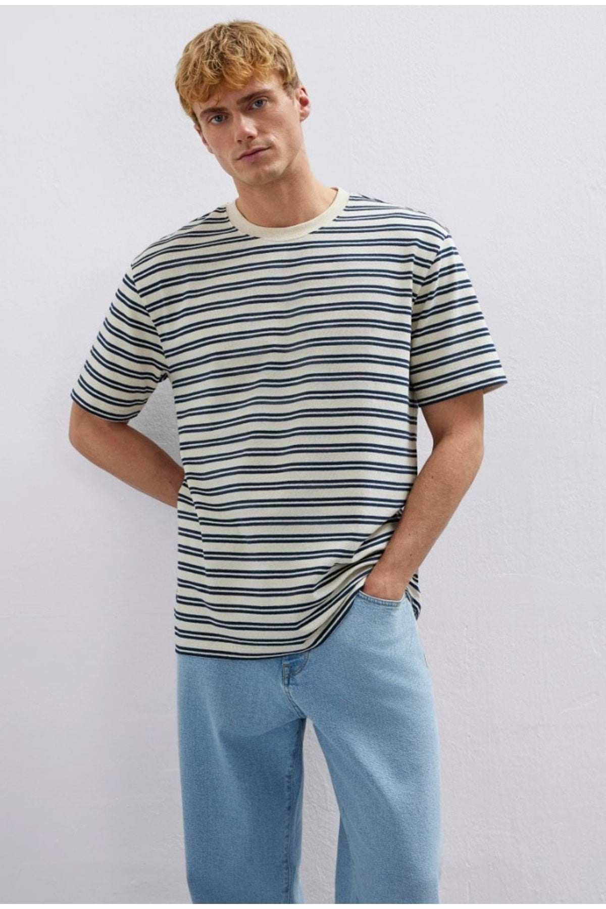 M0613166 Çizgili Tişört Erkek T-Shirt BEJ