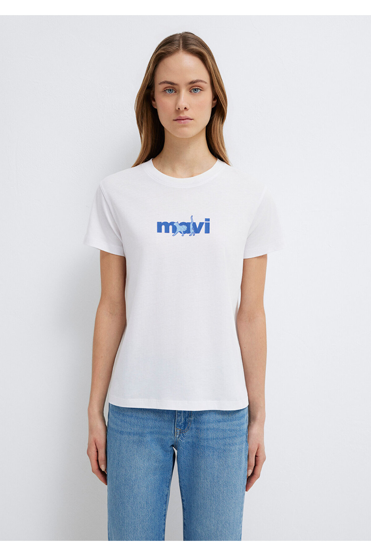 Mavi Baskılı Tişört Beyaz