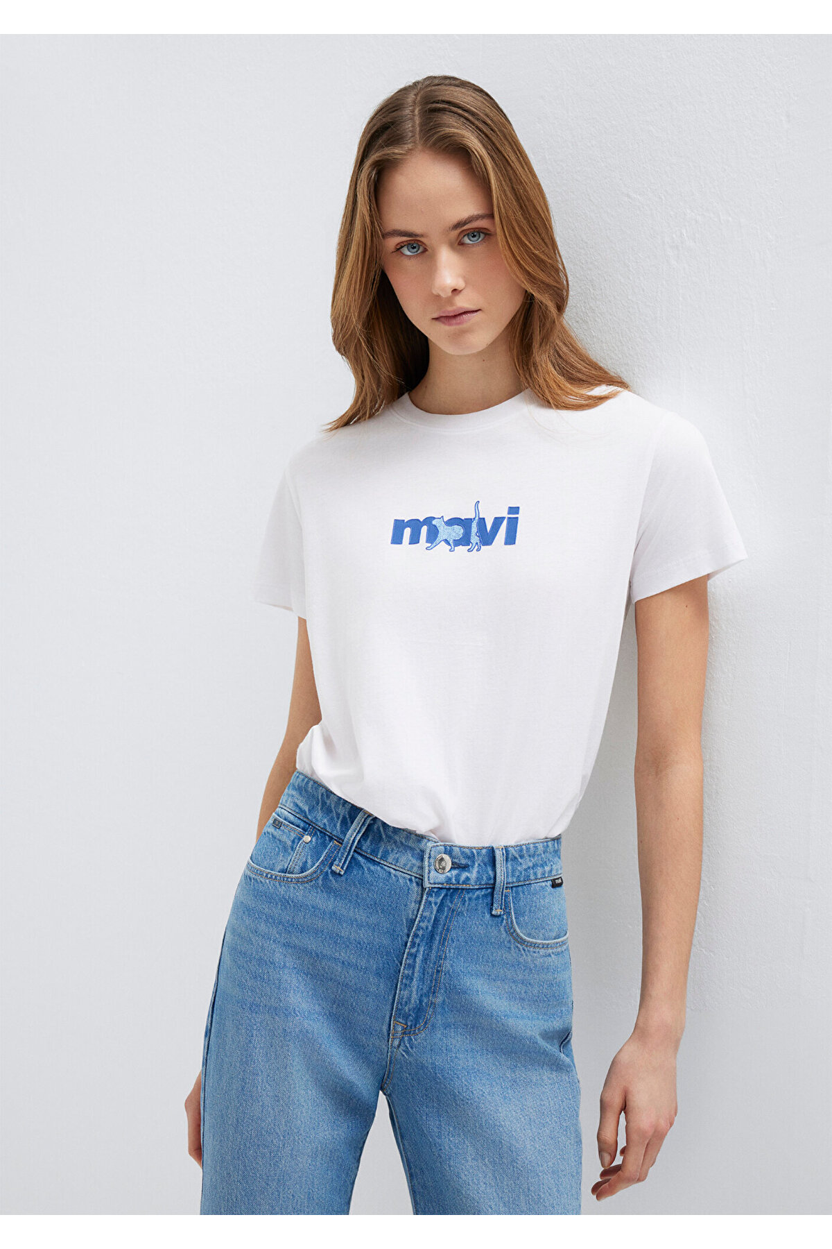 Mavi Baskılı Tişört Beyaz