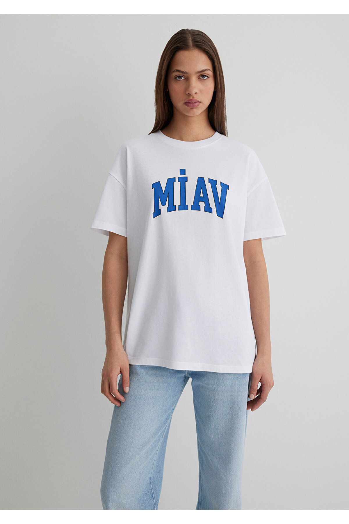 Miav Baskılı Beyaz Tişört Loose Fit / Bol Rahat Kesim 1612457-620