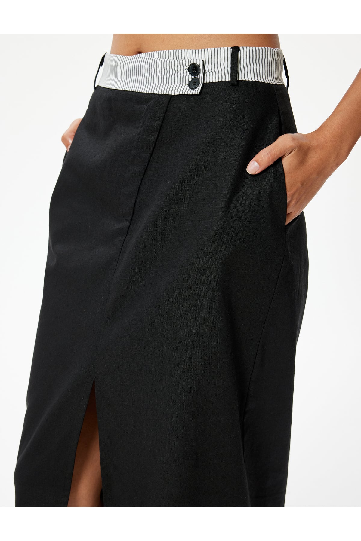 Midi Boy Keten Kalem Etek Önden Yırtmaç Detaylı Beli Kontrast Detaylı Slim Fit