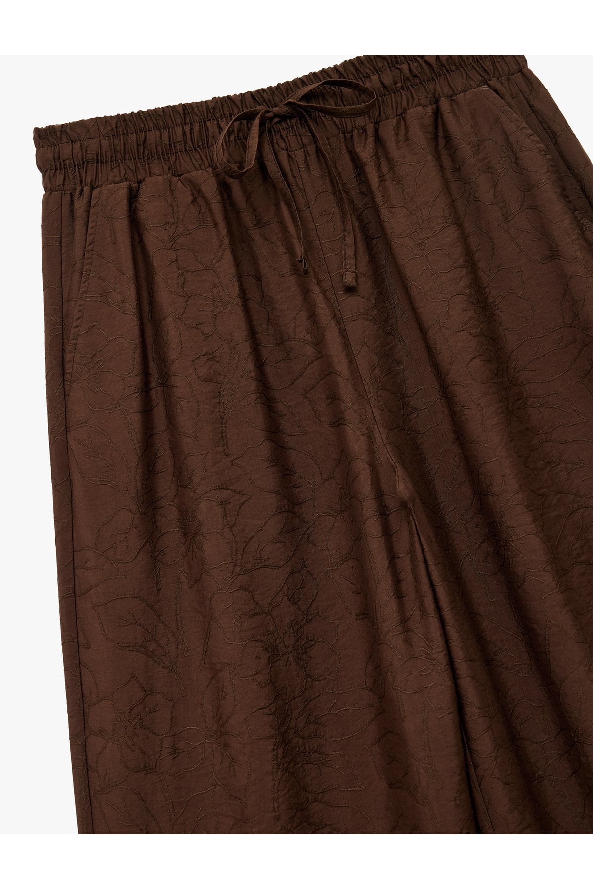 Modal Kumaş Cepli Beli Lastikli Bağlamalı Floral Dokulu Geniş Paça Pantolon
