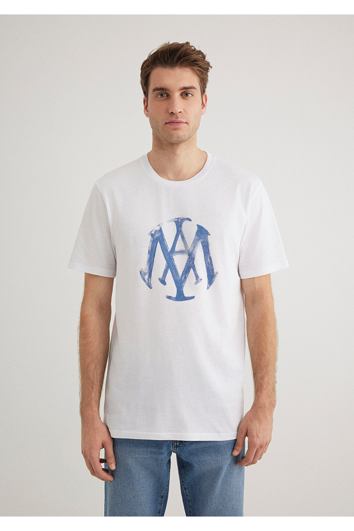 Mühür Logo Baskılı Beyaz Tişört Slim Fit / Dar Kesim 065109-620