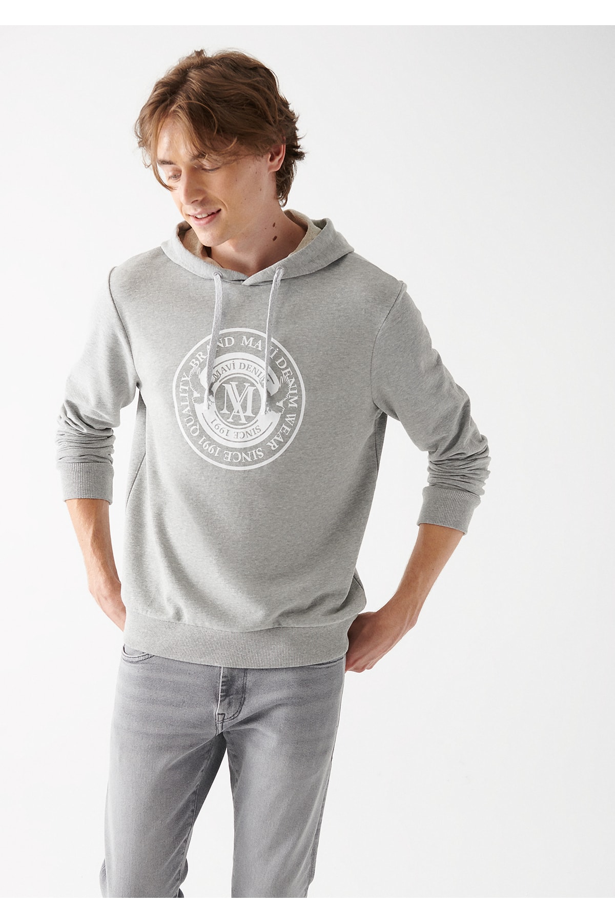 Mühür Logo Baskılı Kapüşonlu Gri Sweatshirt 065169-34686