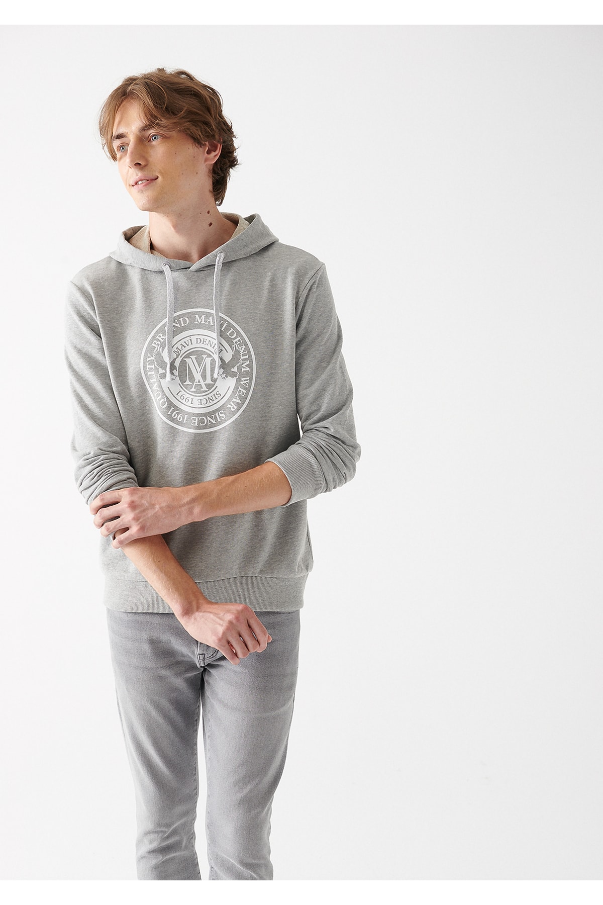 Mühür Logo Baskılı Kapüşonlu Gri Sweatshirt 065169-34686