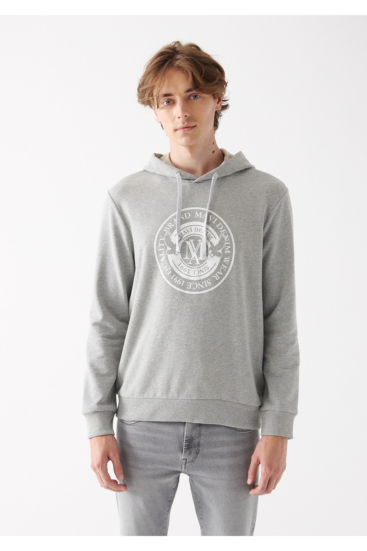 Mühür Logo Baskılı Kapüşonlu Gri Sweatshirt 065169-34686