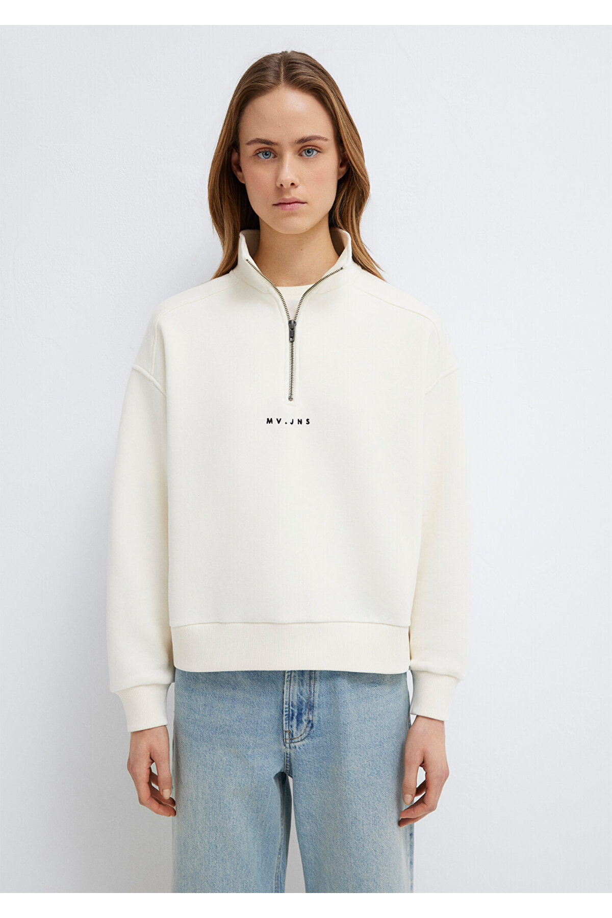 MVJNS Nakışlı Yarı Fermuarlı Ekru Sweatshirt 1S10533-89145