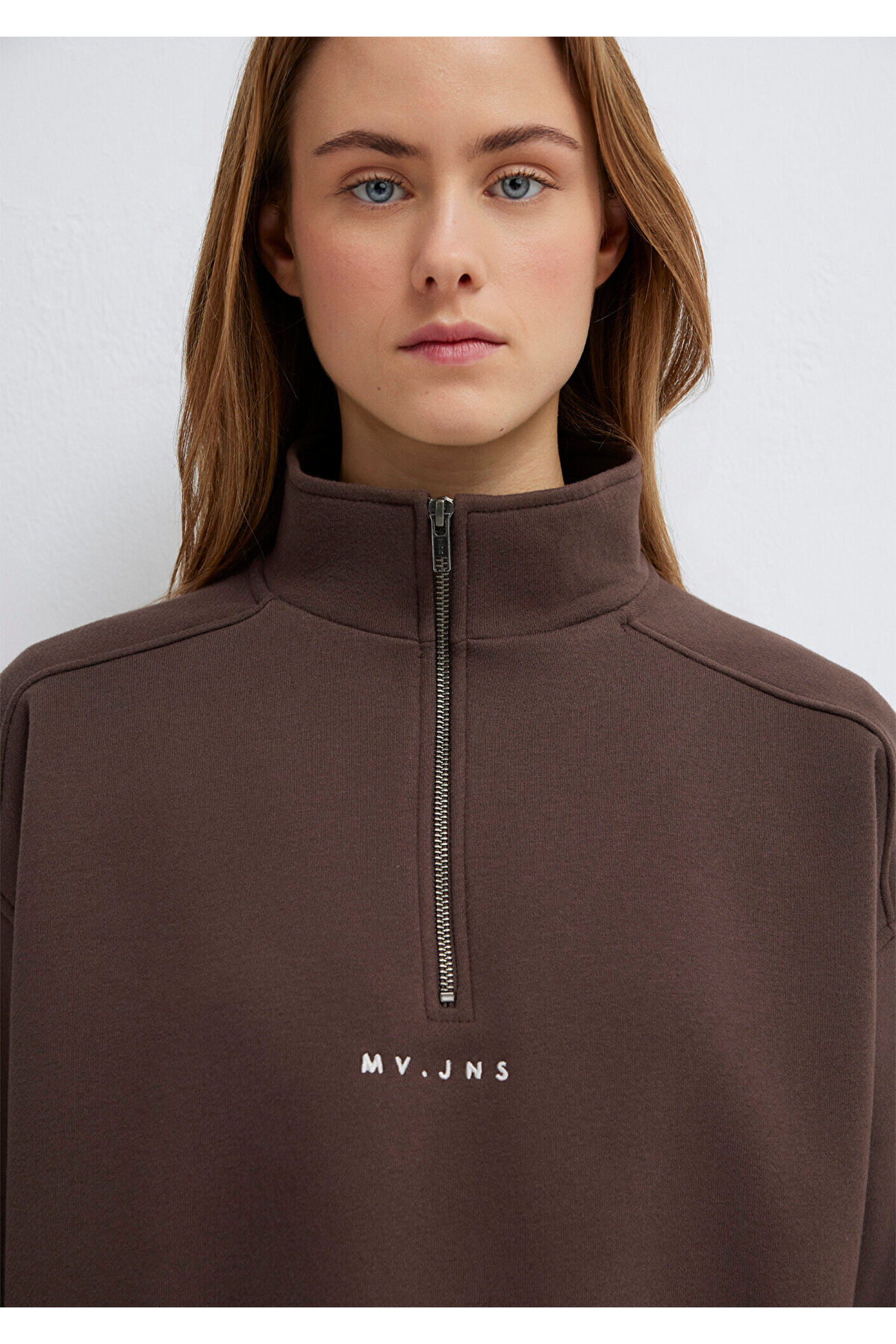 MVJNS Nakışlı Yarı Fermuarlı Kahverengi Sweatshirt 1S10533-71603