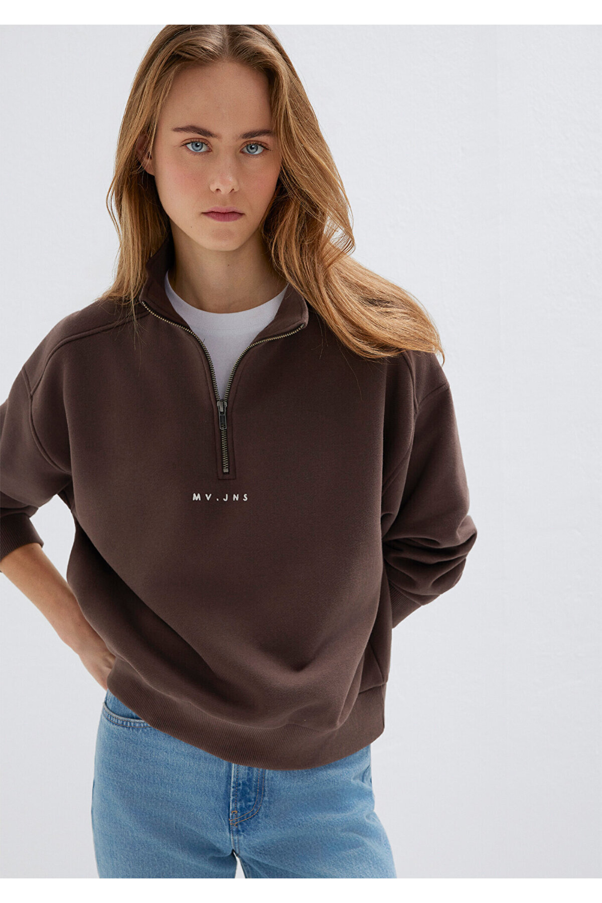 MVJNS Nakışlı Yarı Fermuarlı Kahverengi Sweatshirt 1S10533-71603