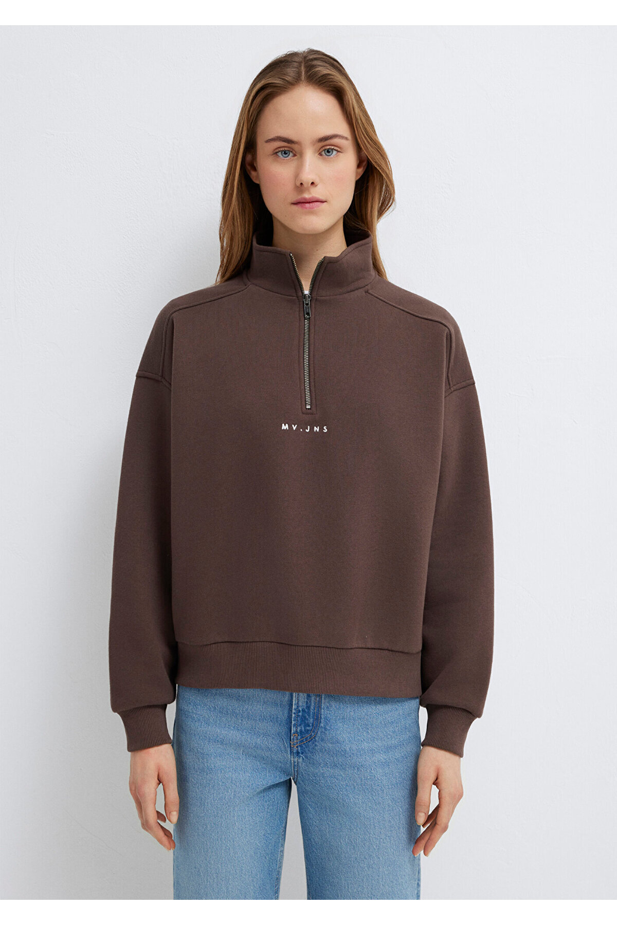 MVJNS Nakışlı Yarı Fermuarlı Kahverengi Sweatshirt 1S10533-71603