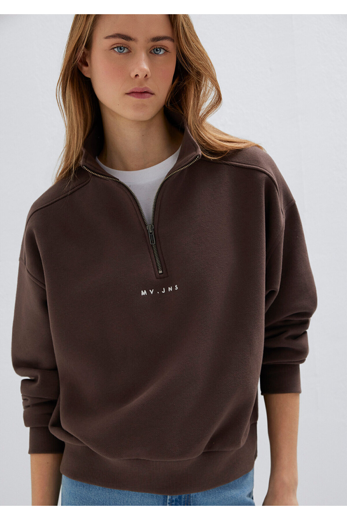 MVJNS Nakışlı Yarı Fermuarlı Kahverengi Sweatshirt 1S10533-71603