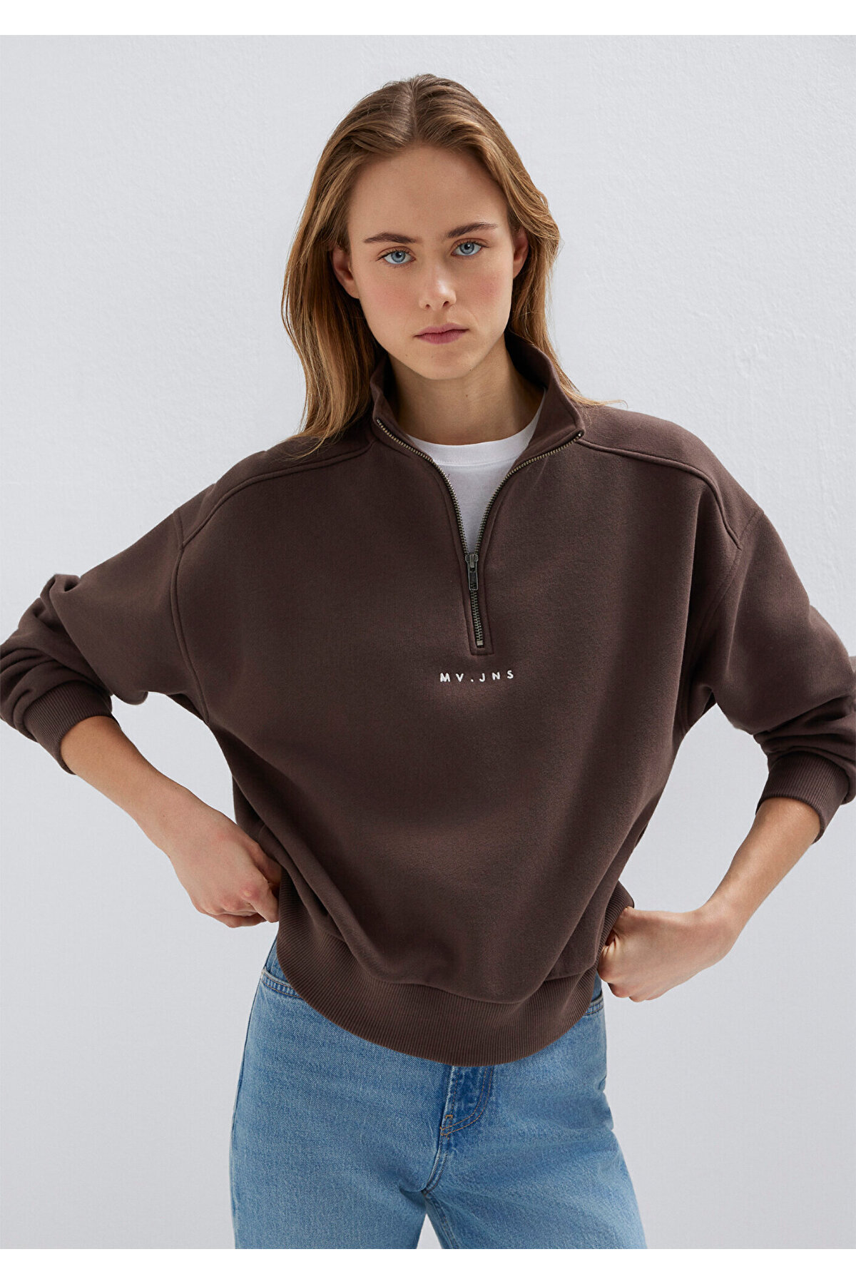 MVJNS Nakışlı Yarı Fermuarlı Kahverengi Sweatshirt 1S10533-71603