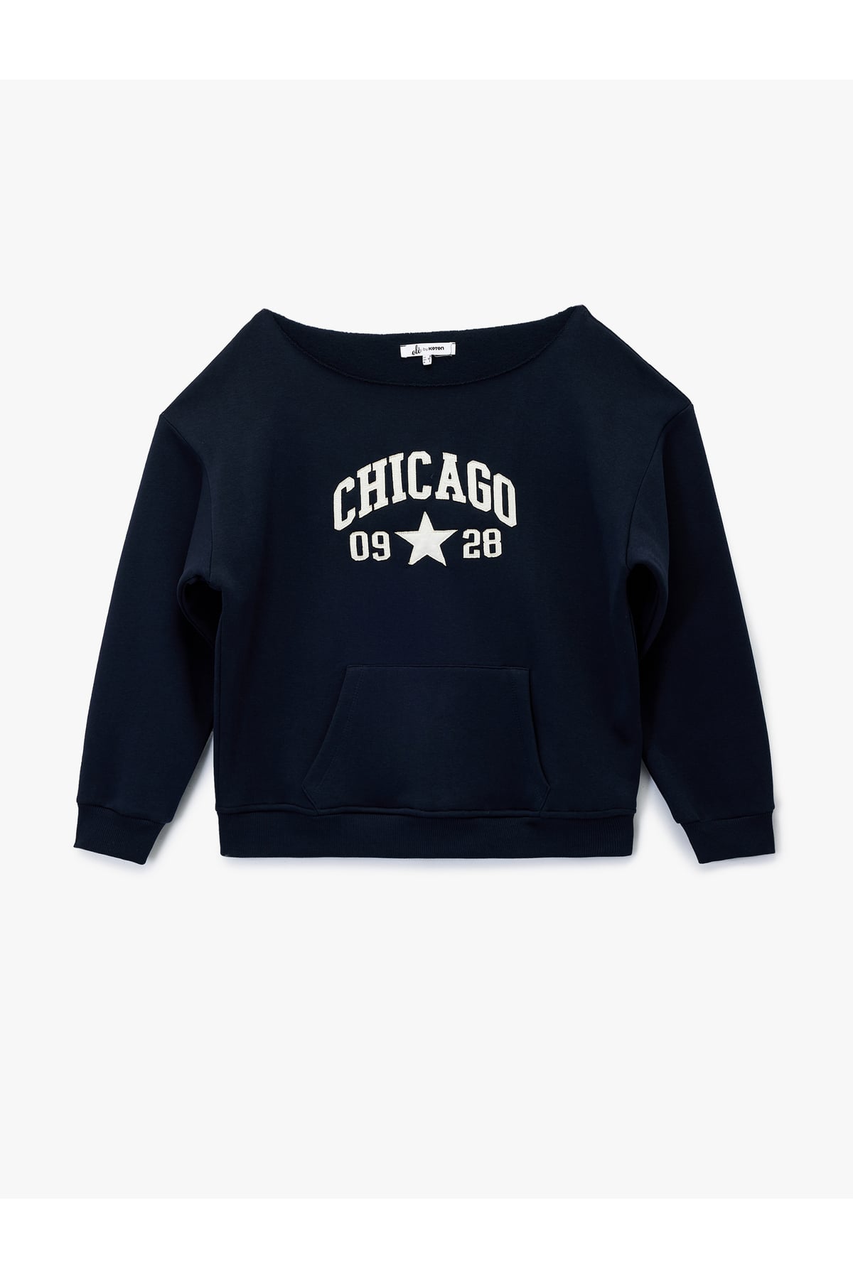 Nakışlı Şardonlu Kanguru Cepli Kayık Yaka Oversize Sweatshirt
