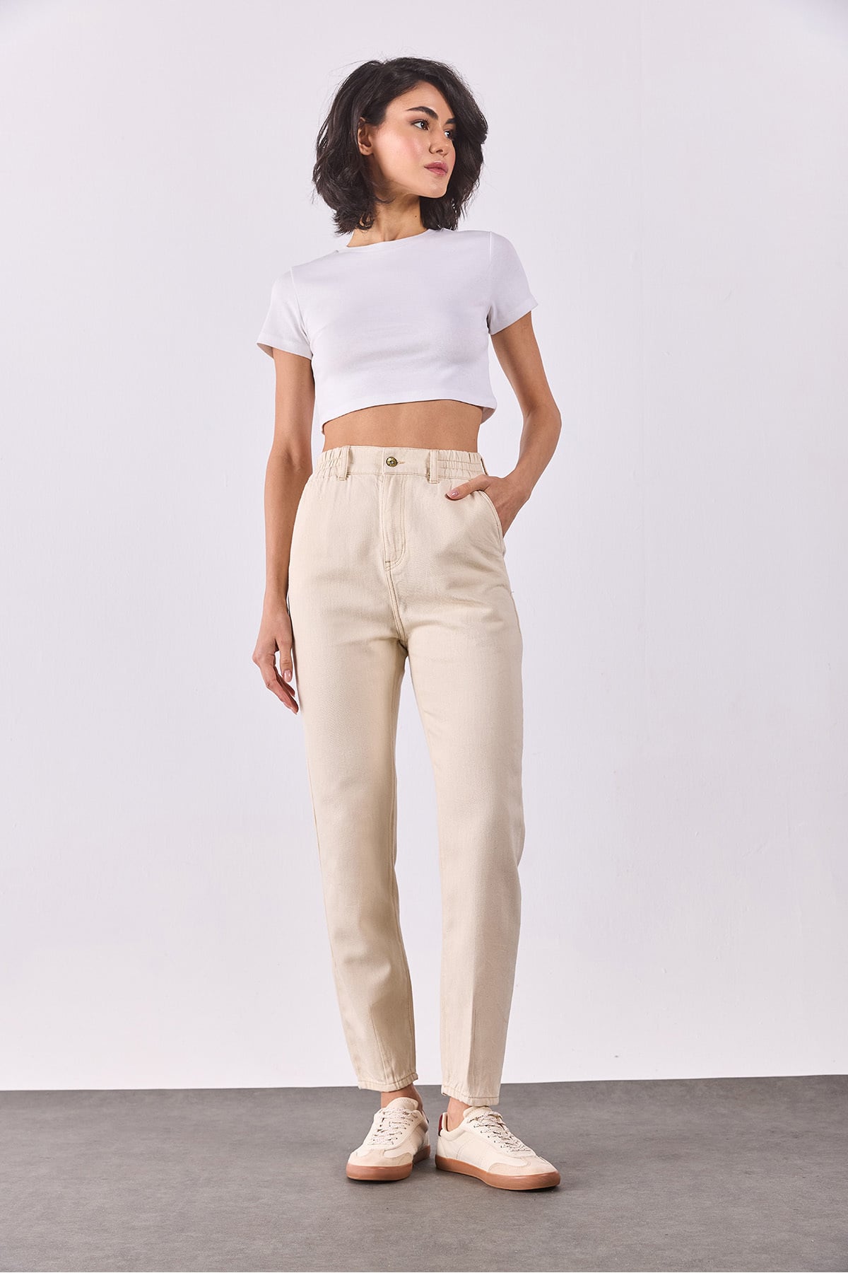 Norah Off White Beli Lastikli Jean Pantolon(TENCEL)(TM) - OFF WHITE