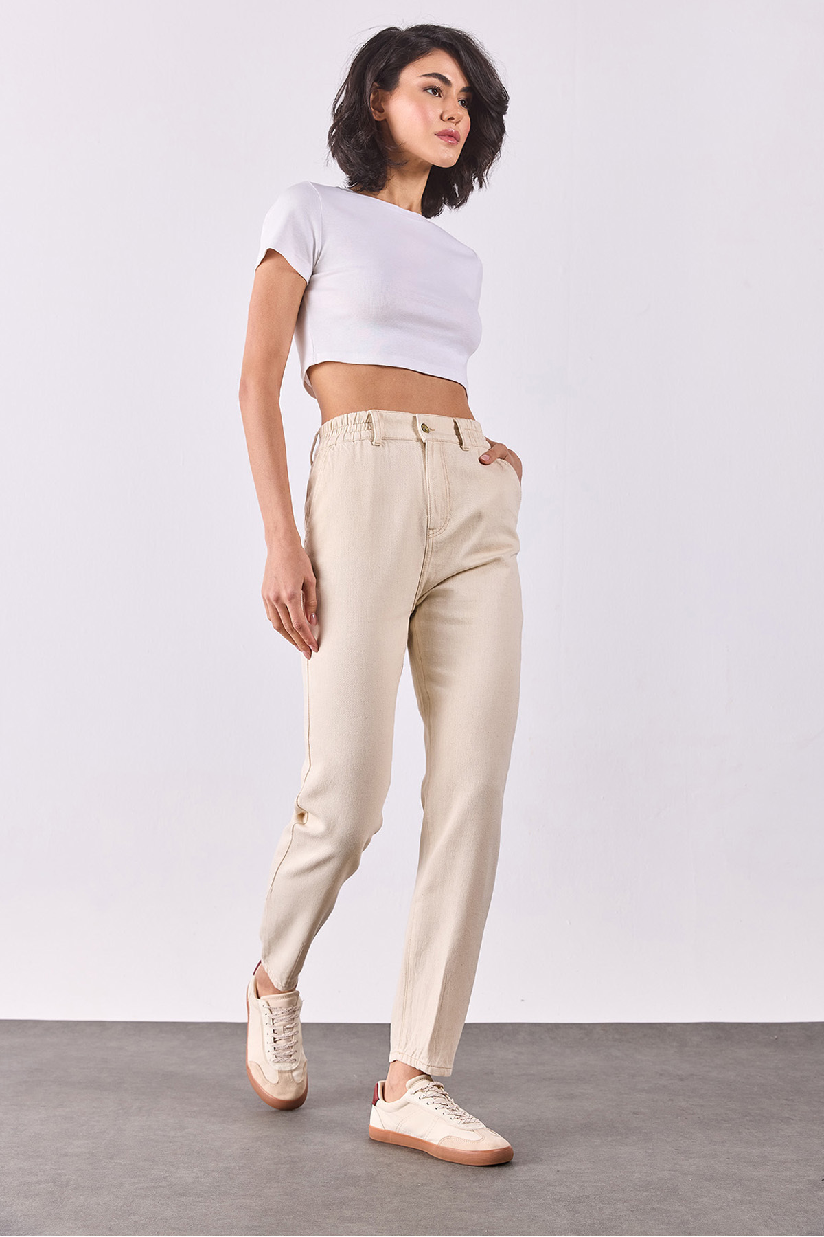 Norah Off White Beli Lastikli Jean Pantolon(TENCEL)(TM) - OFF WHITE