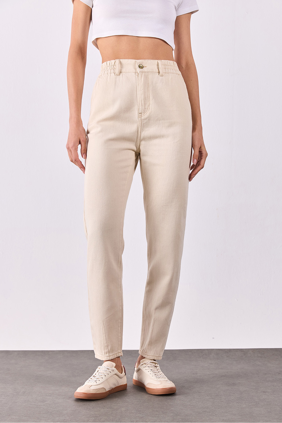Norah Off White Beli Lastikli Jean Pantolon(TENCEL)(TM) - OFF WHITE