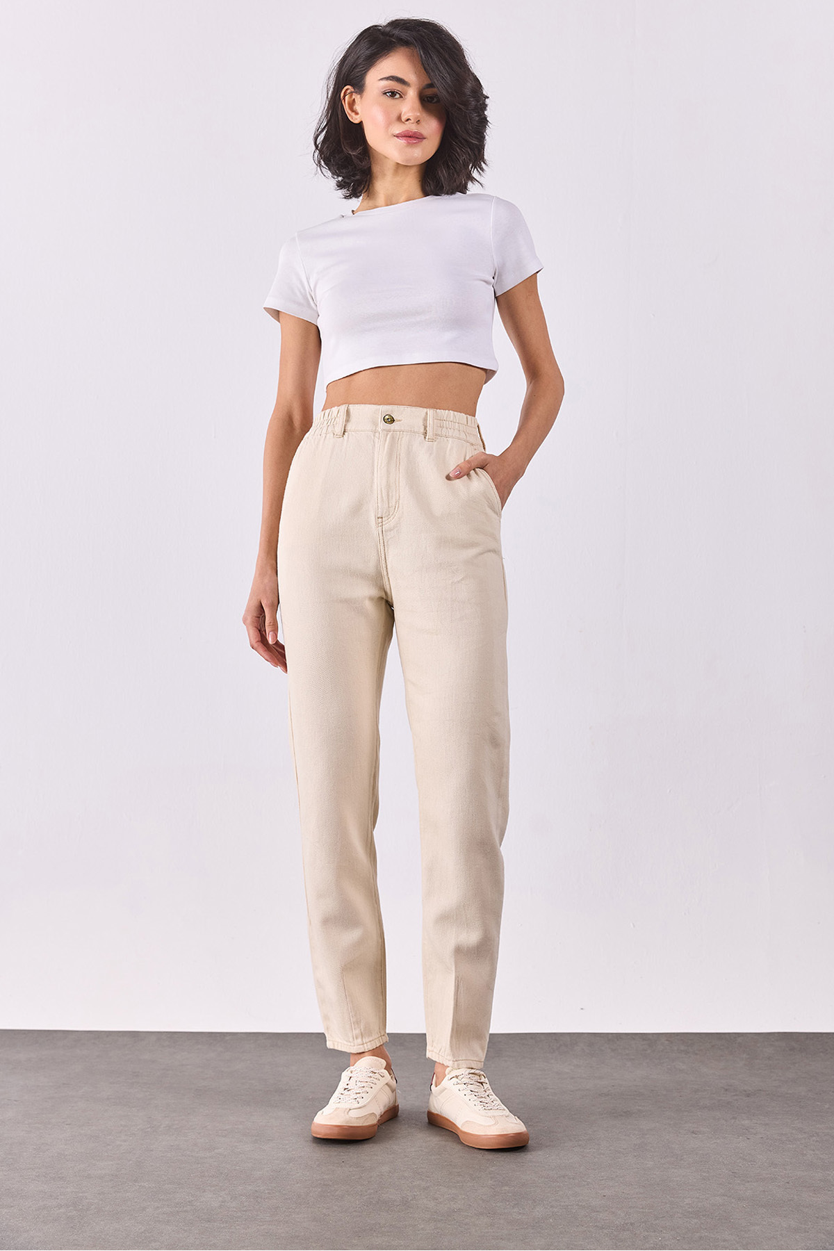 Norah Off White Beli Lastikli Jean Pantolon(TENCEL)(TM) - OFF WHITE