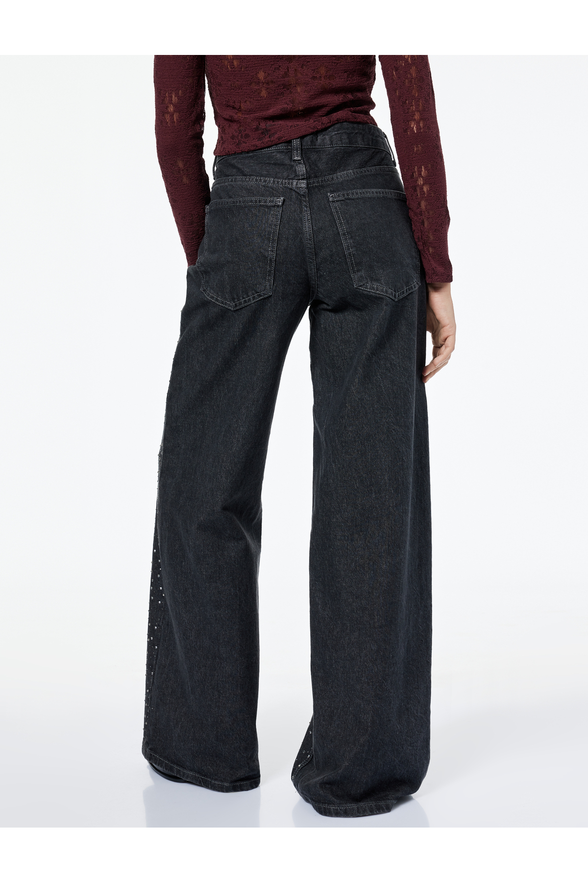 Normal Bel Bol Paça Taşlı Jean Pantolon - Loose Straight Fit Jean