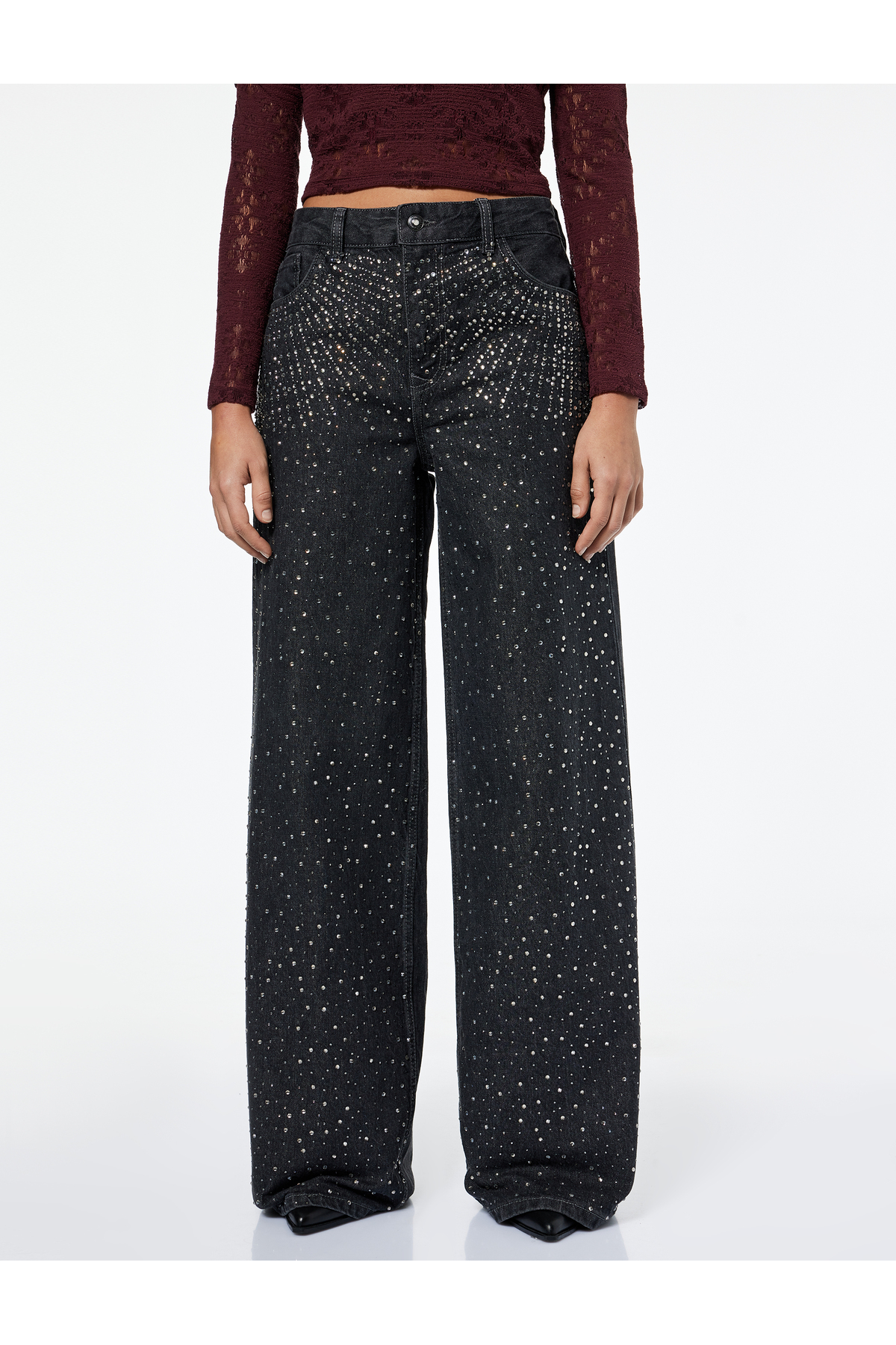 Normal Bel Bol Paça Taşlı Jean Pantolon - Loose Straight Fit Jean