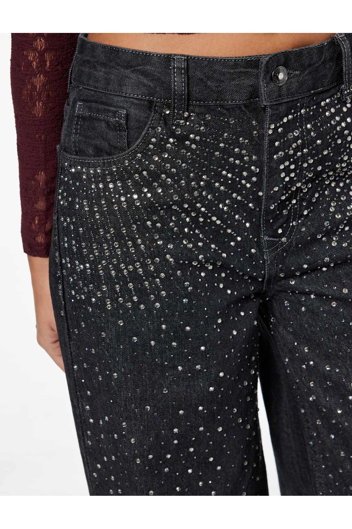 Normal Bel Bol Paça Taşlı Jean Pantolon - Loose Straight Fit Jean