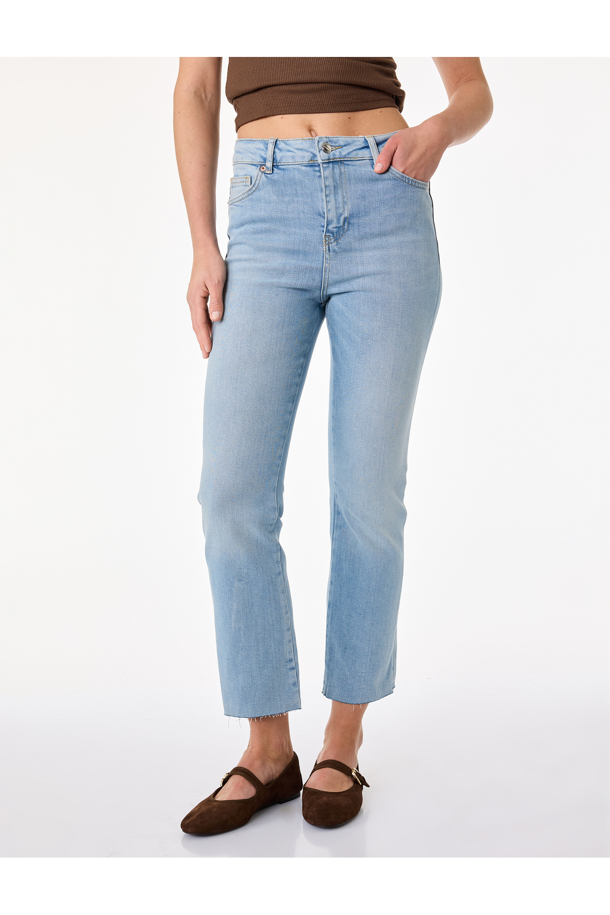Normal Bel Dar Kesim Düğmeli Pamuklu İspanyol Paça Denim Pantolon - Flare Jeans