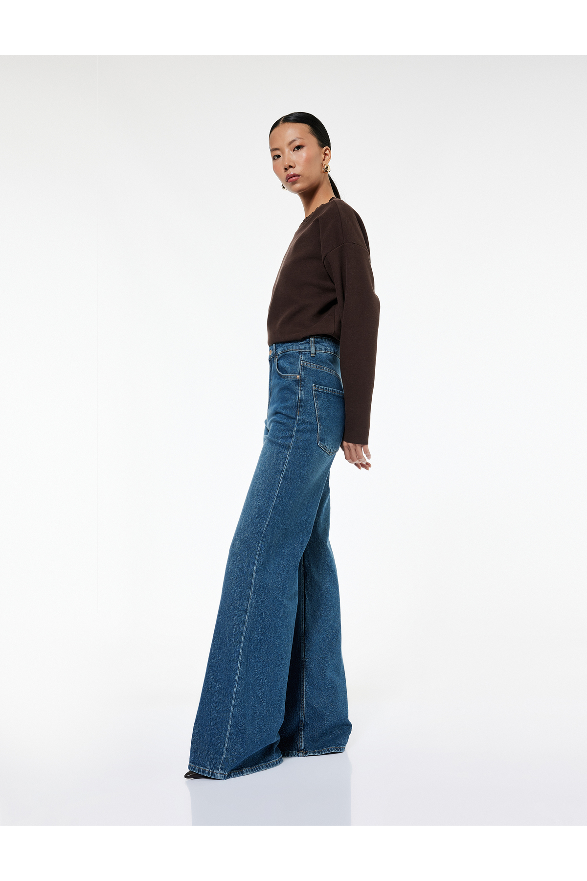 Normal Bel Düğmeli Cepli Geniş İspanyol Paça Jean Pantolon - Wide Flare Jean