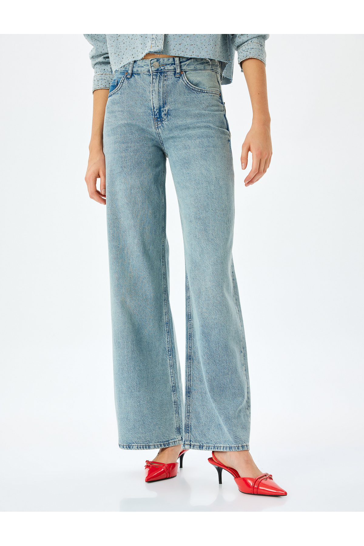 Normal Bel Geniş Paça Düğmeli Kot Pantolon  -  Wide Leg Jeans