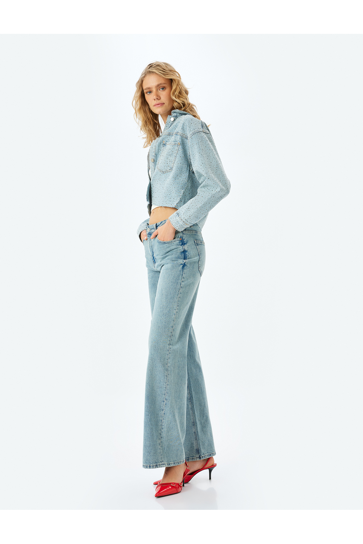 Normal Bel Geniş Paça Düğmeli Kot Pantolon  -  Wide Leg Jeans