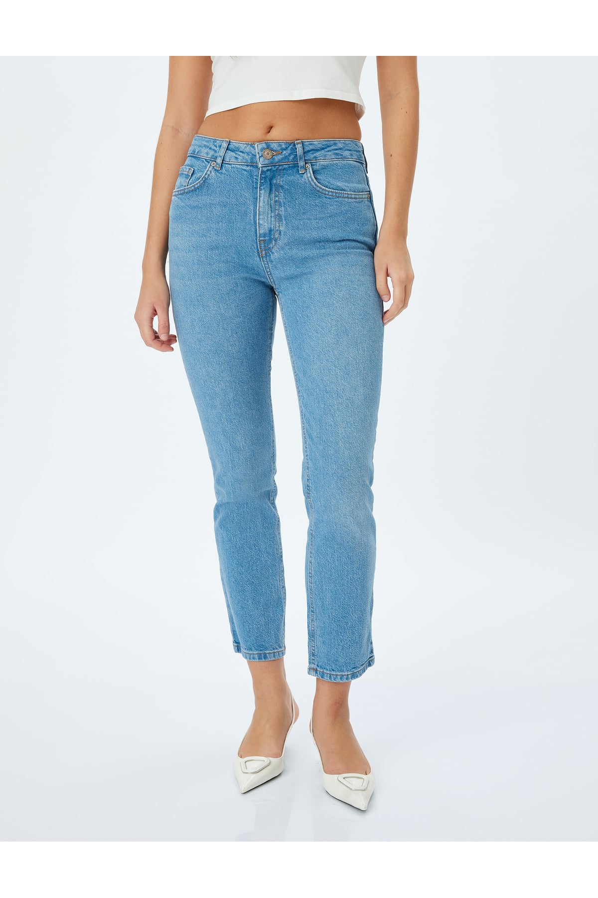 Normal Bel Slim Fit Düz Paça Cepli Düğmeli Kot Pantolon - Slim Straight Fit Jean