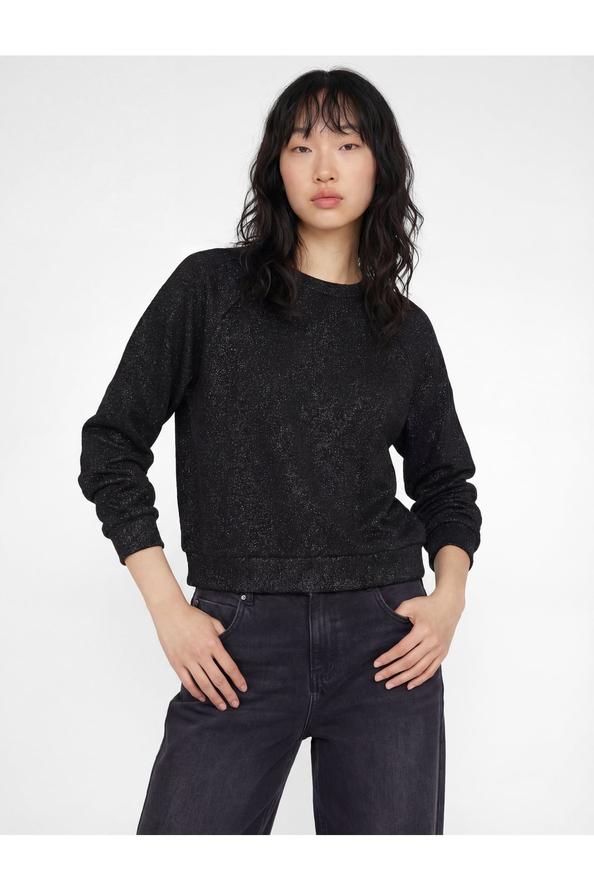 Oversize Uzun Kollu Simli Bisiklet Yaka Sweatshirt
