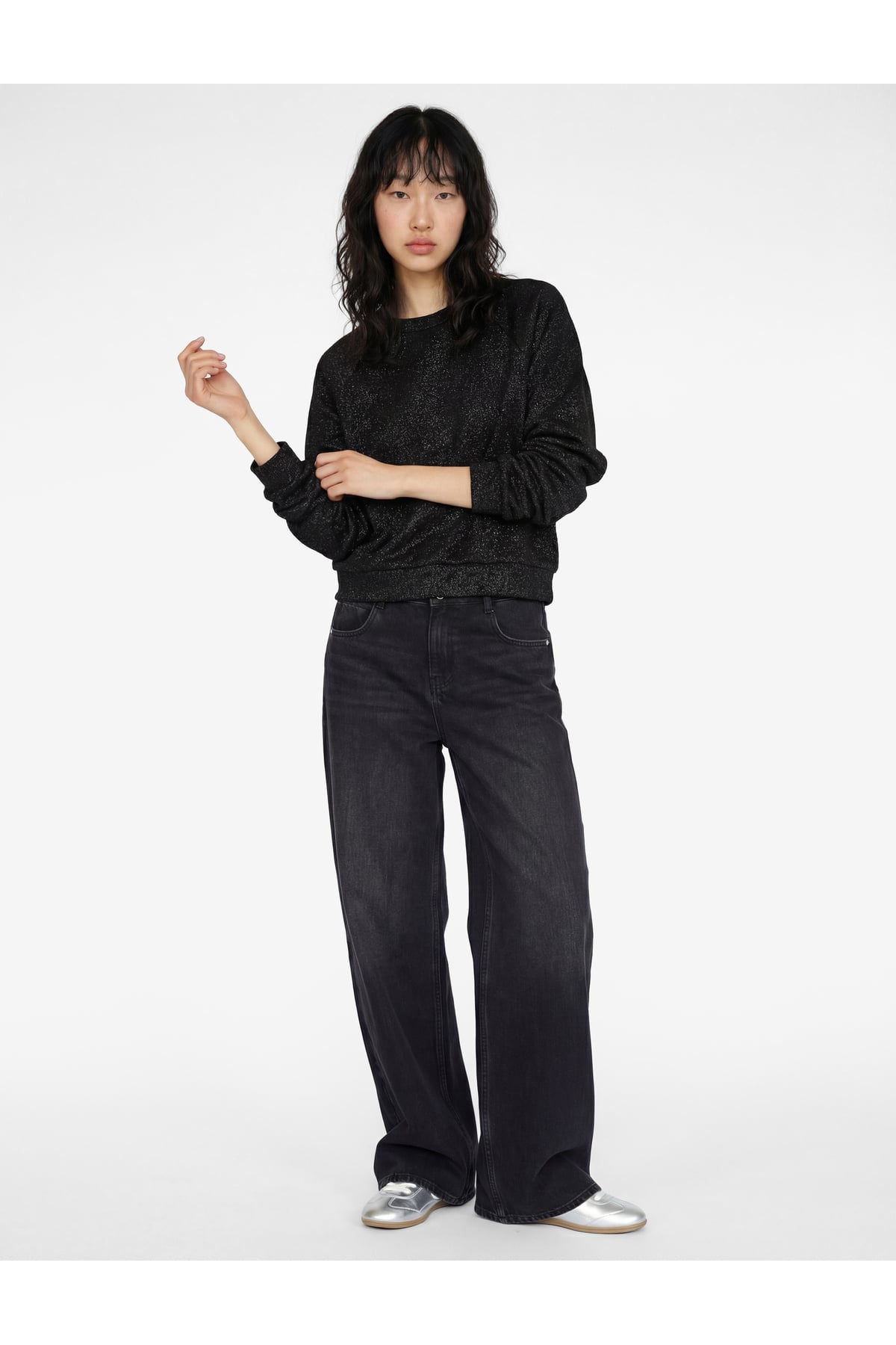 Oversize Uzun Kollu Simli Bisiklet Yaka Sweatshirt