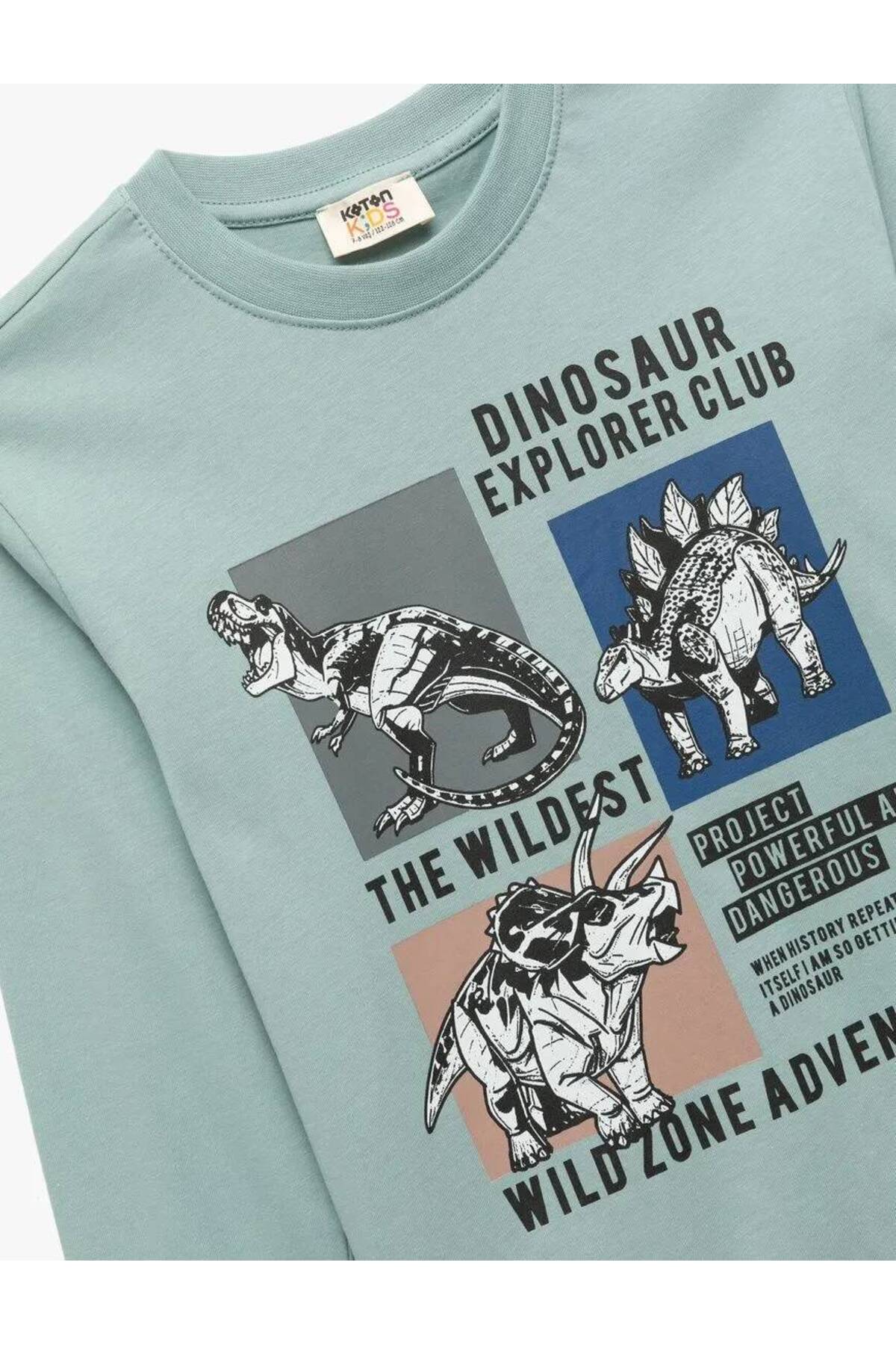 Pamuklu Bisiklet Yaka Dinozor Baskılı Yeşil Erkek Çocuk Uzun Kollu T-shirt 6Wkb10123Tk