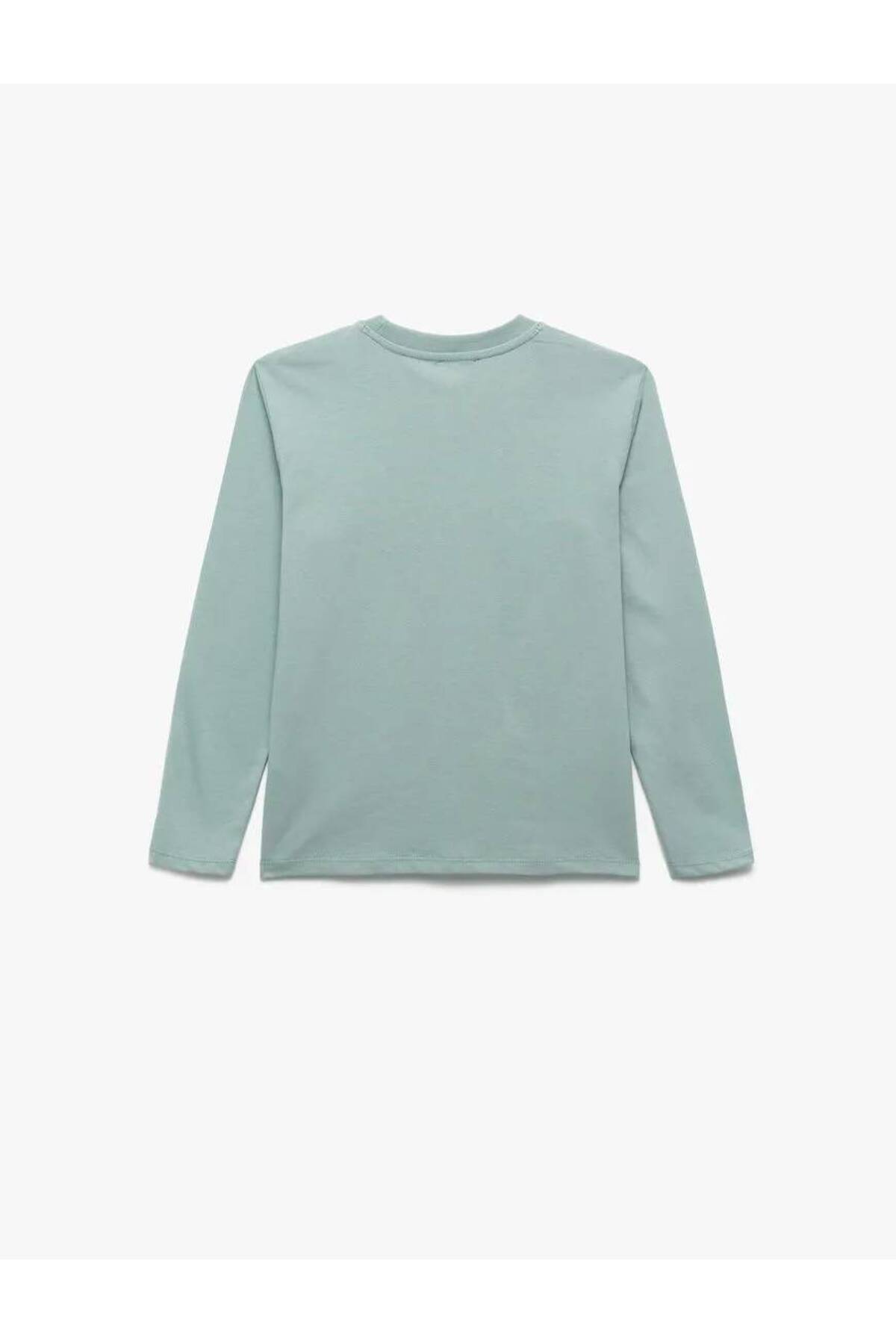 Pamuklu Bisiklet Yaka Dinozor Baskılı Yeşil Erkek Çocuk Uzun Kollu T-shirt 6Wkb10123Tk