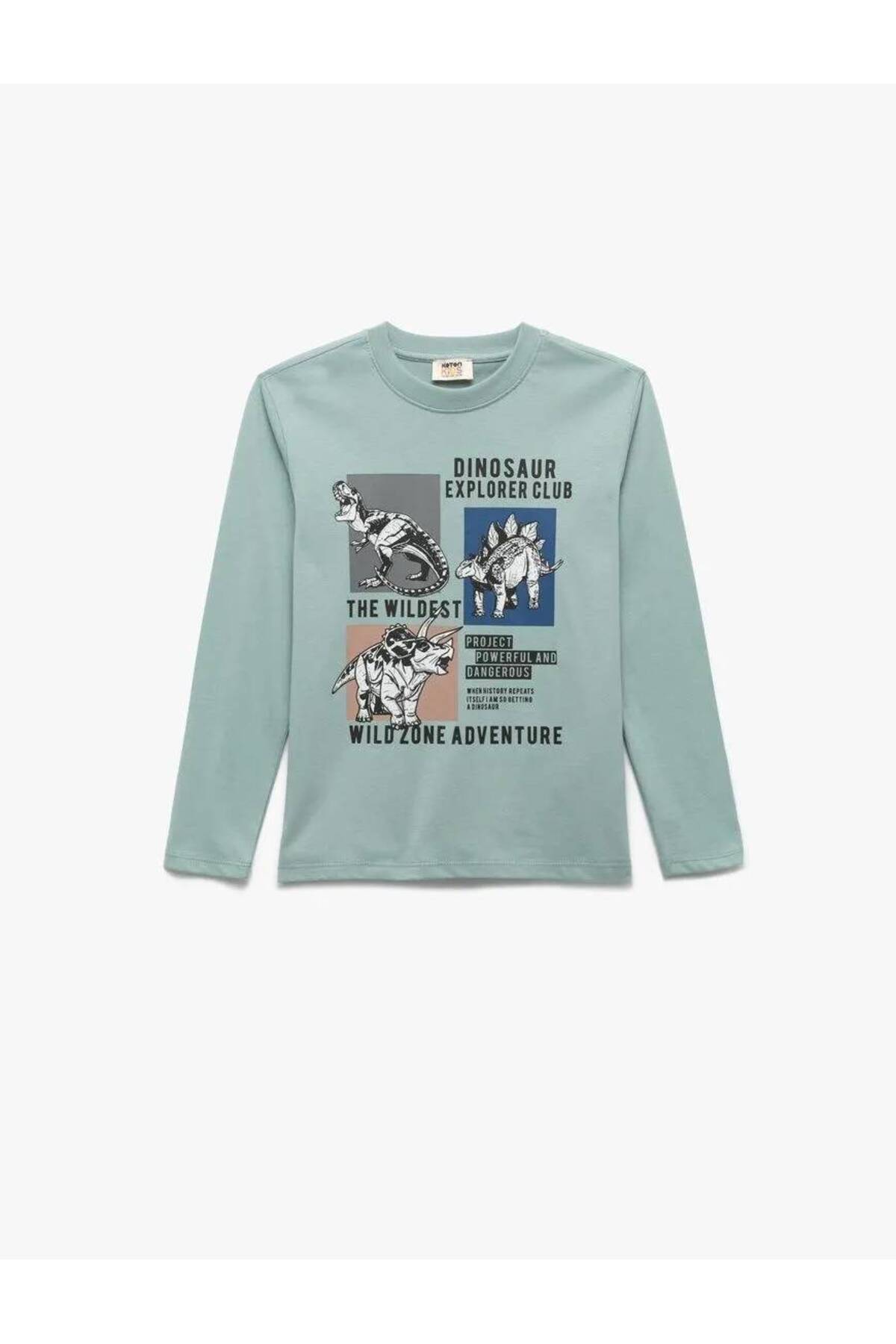 Pamuklu Bisiklet Yaka Dinozor Baskılı Yeşil Erkek Çocuk Uzun Kollu T-shirt 6Wkb10123Tk