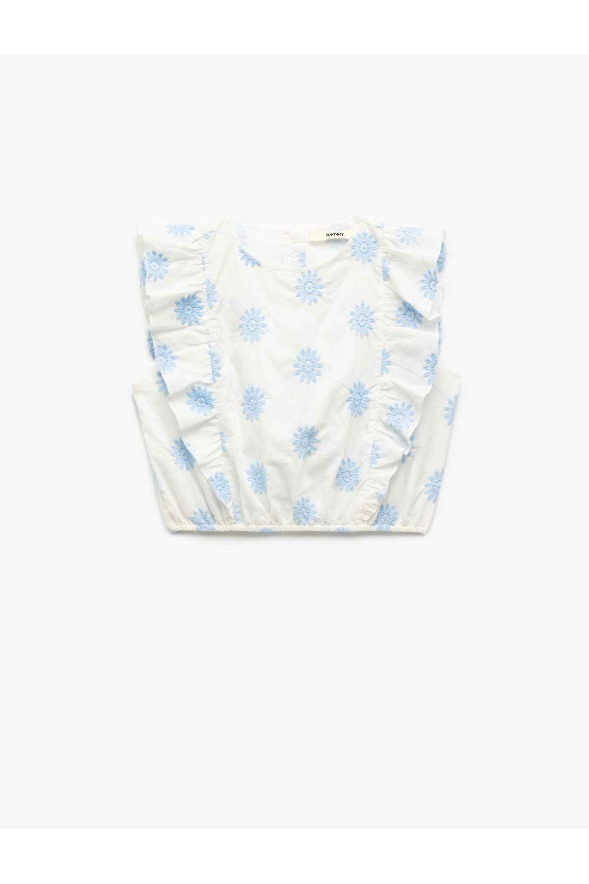 Pamuklu Bisiklet Yaka Kolsuz Çiçek Nakışlı Kolsuz Crop Bluz