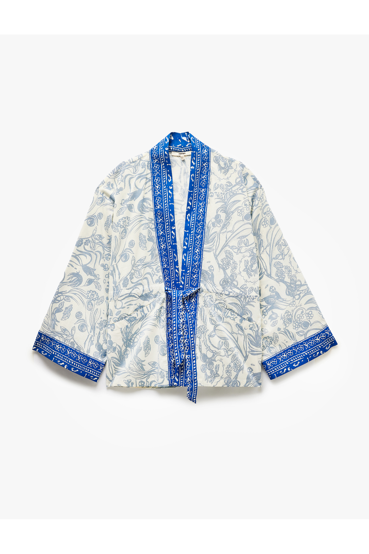 Pamuklu Cepli Bağlama Detaylı 3/4 Geniş Kollu Çiçekli Kimono