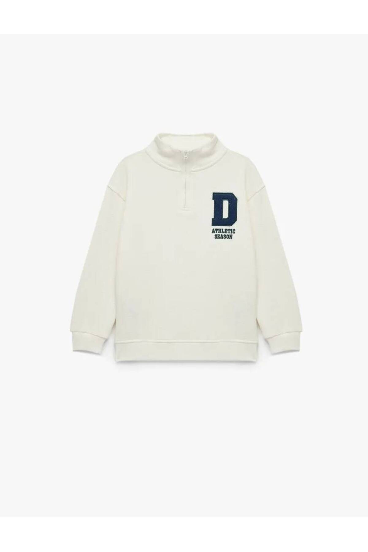 Pamuklu Dik Yaka Uzun Kollu Nakışlı Yarım Fermuarlı Sweatshirt